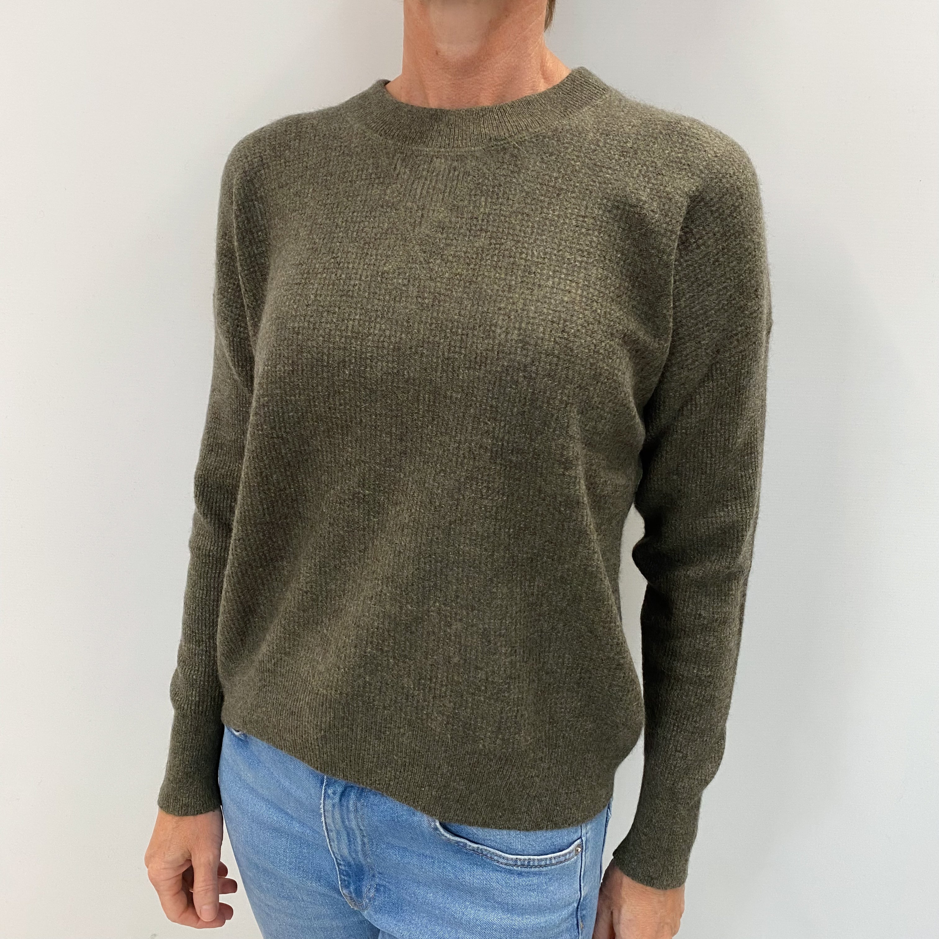 Khaki Green Marl Cashmere Crew Neck Textured Knit Jumper Small