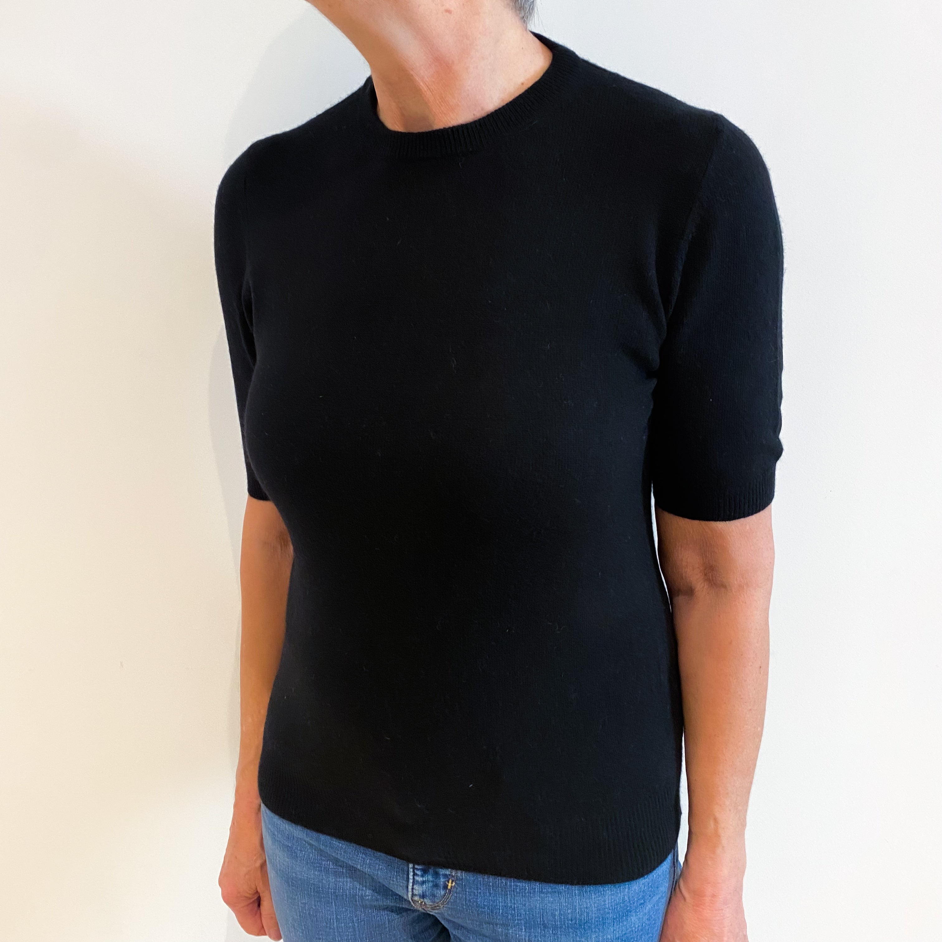 Black Cashmere Short Sleeved Crew Neck Jumper Medium