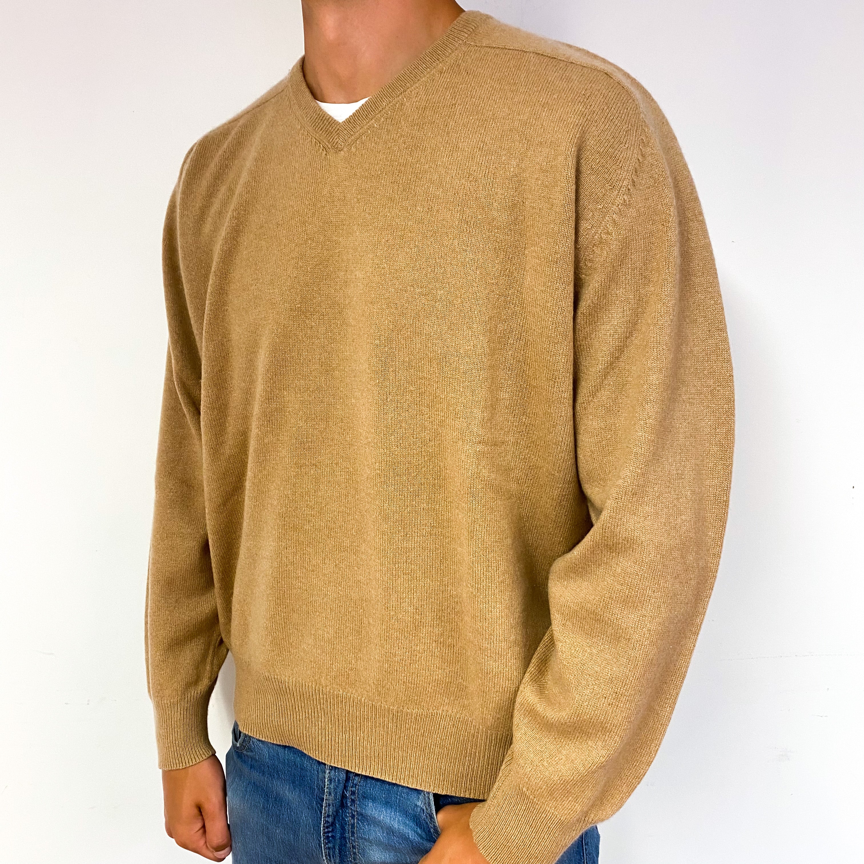 Men's Camel Brown Cashmere V-Neck Jumper Extra Extra Large