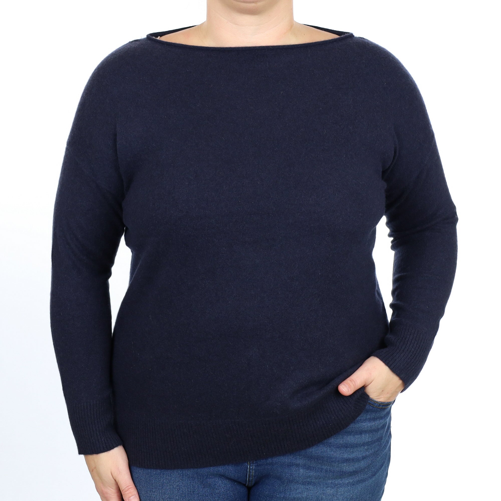 Dark Navy Cashmere Boat Neck Jumper Large