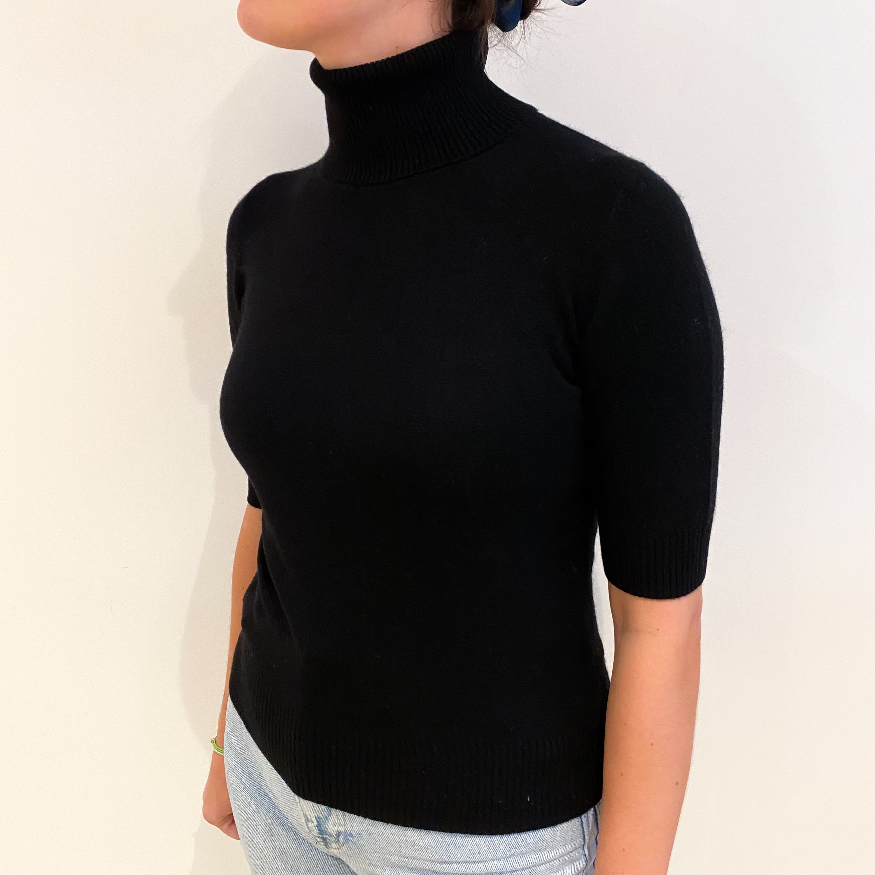 Black Cashmere Polo Neck Short Sleeved Jumper Small
