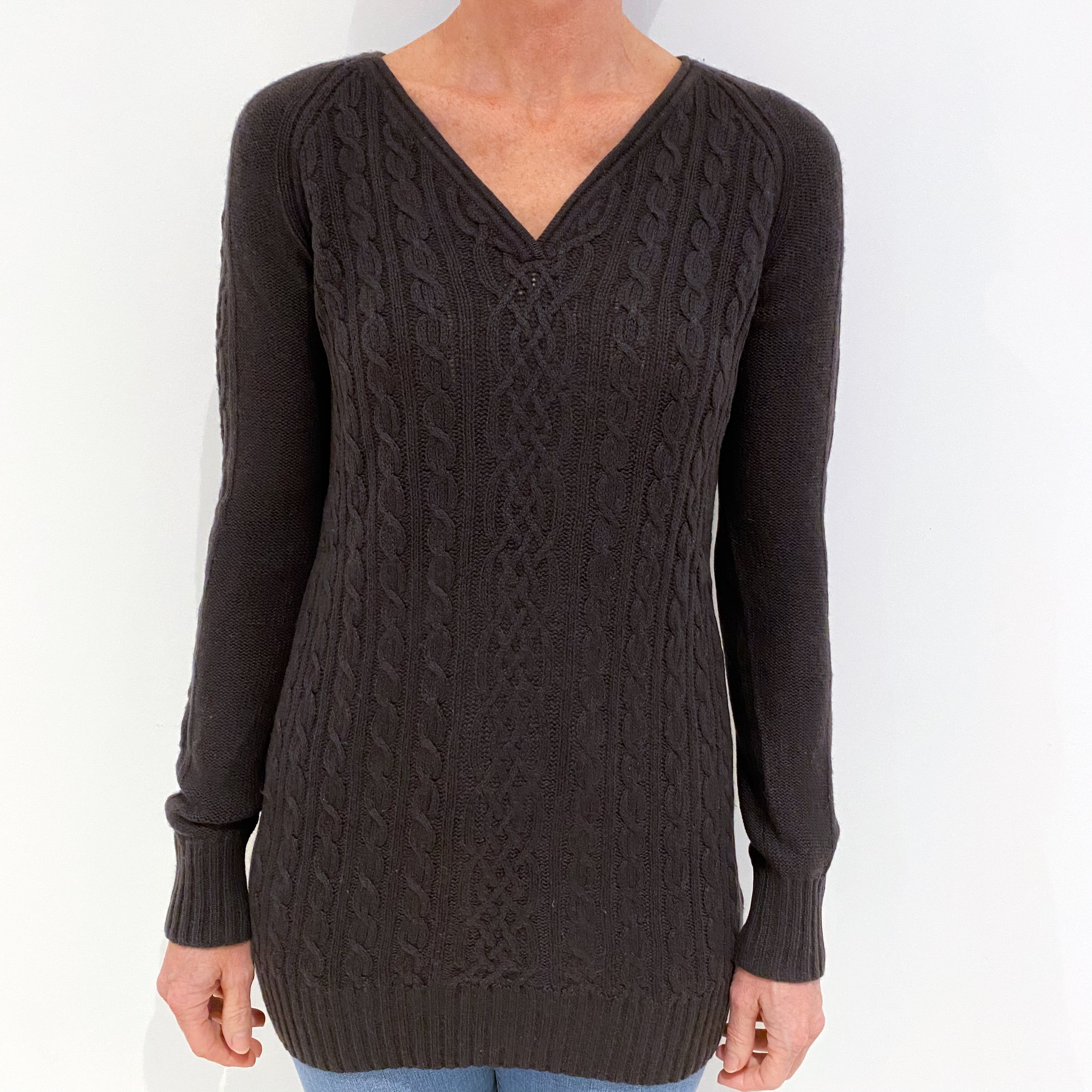 Dark Slate Grey Cable Cashmere V-Neck Jumper Small
