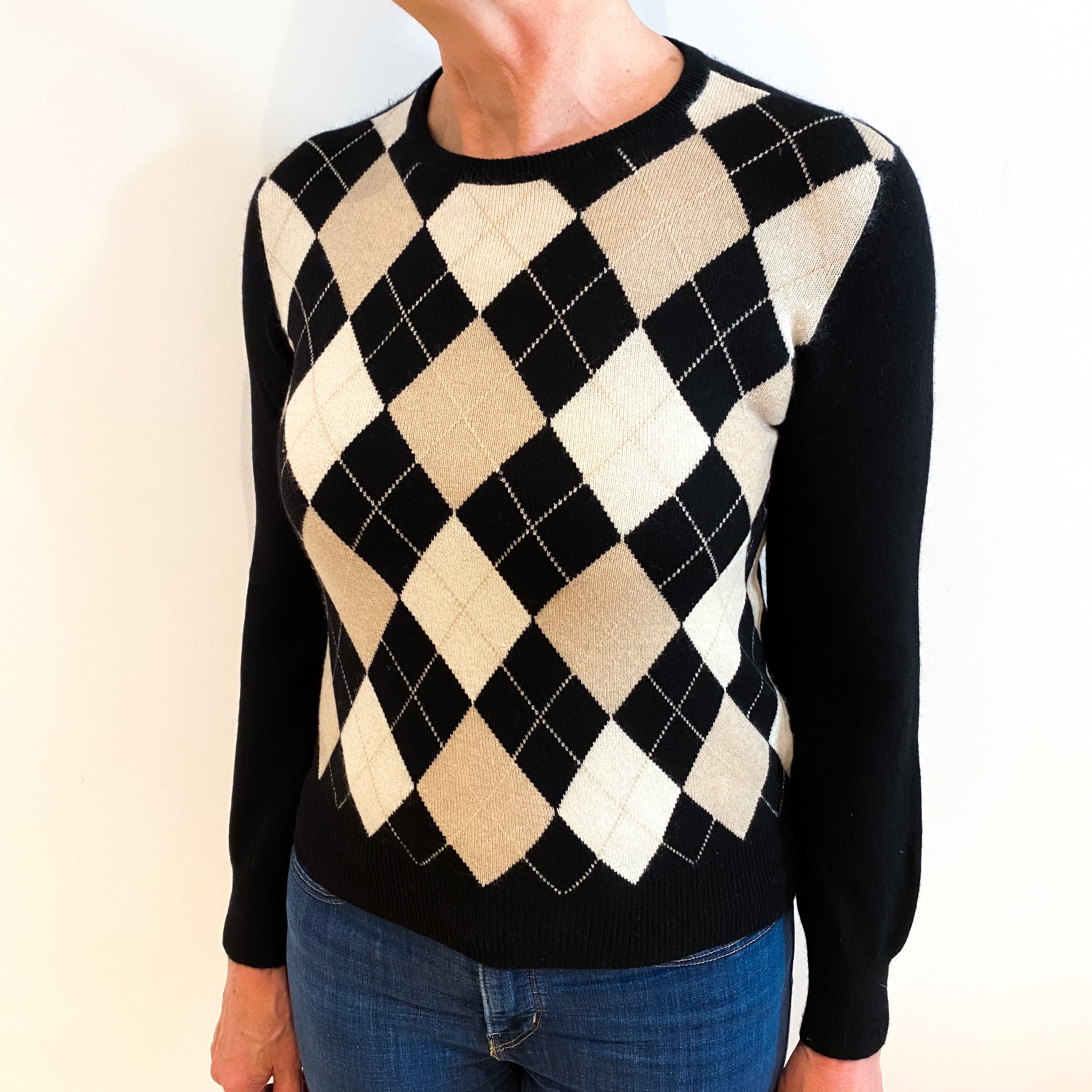 Black and Beige Diamond Cashmere Crew Neck Jumper Medium