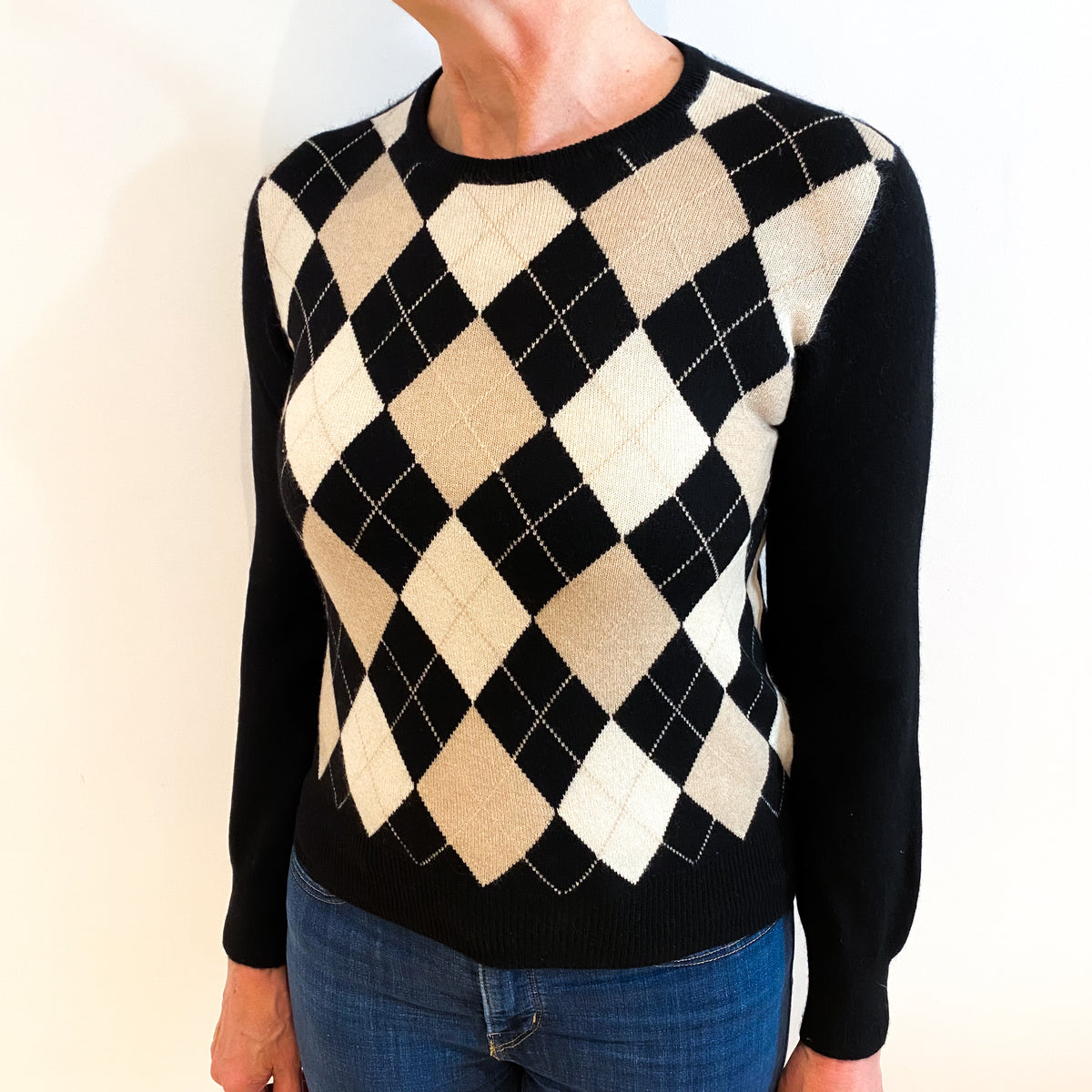 Black and Beige Diamond Cashmere Crew Neck Jumper Medium