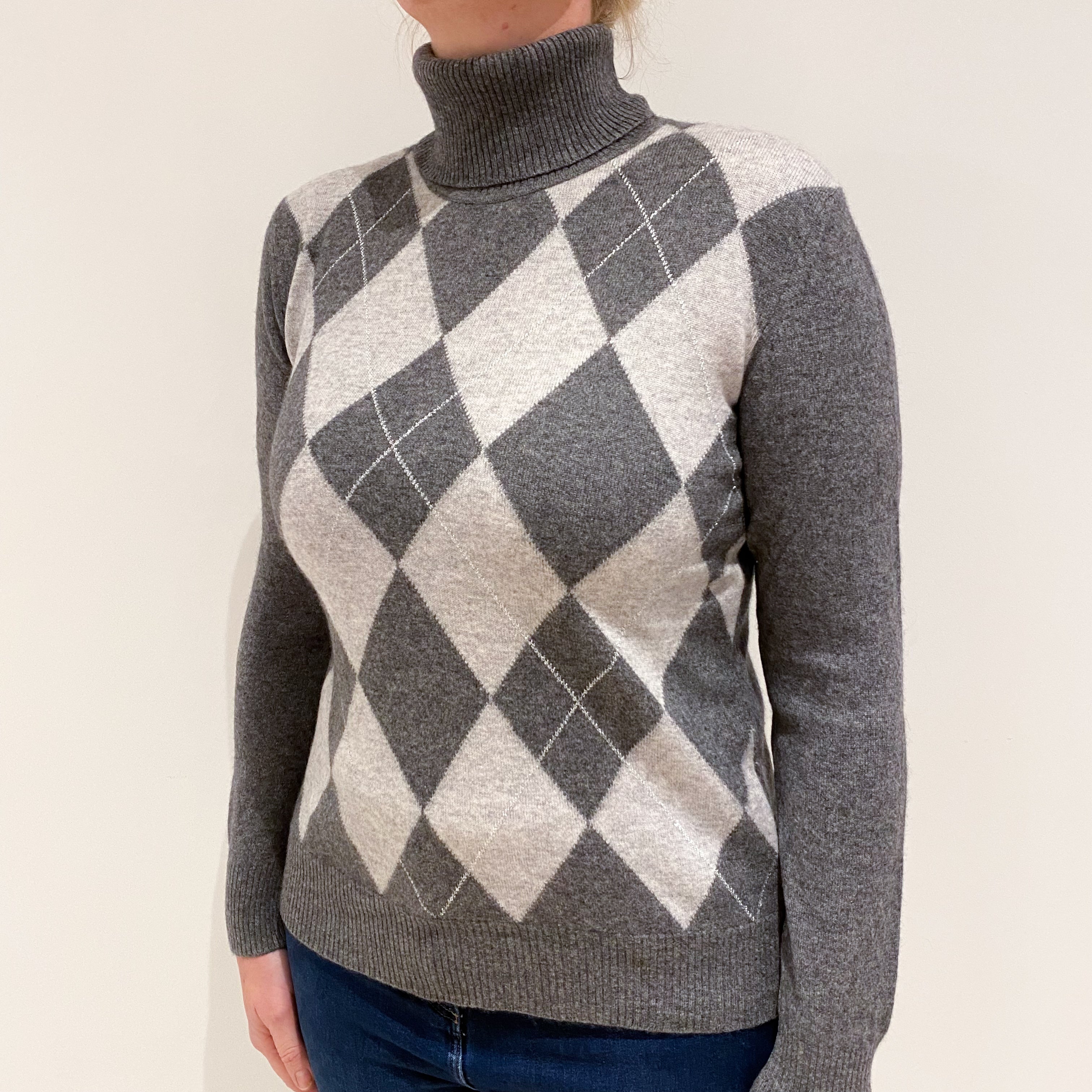 Slate Grey Argyle Cashmere Polo Neck Jumper Large