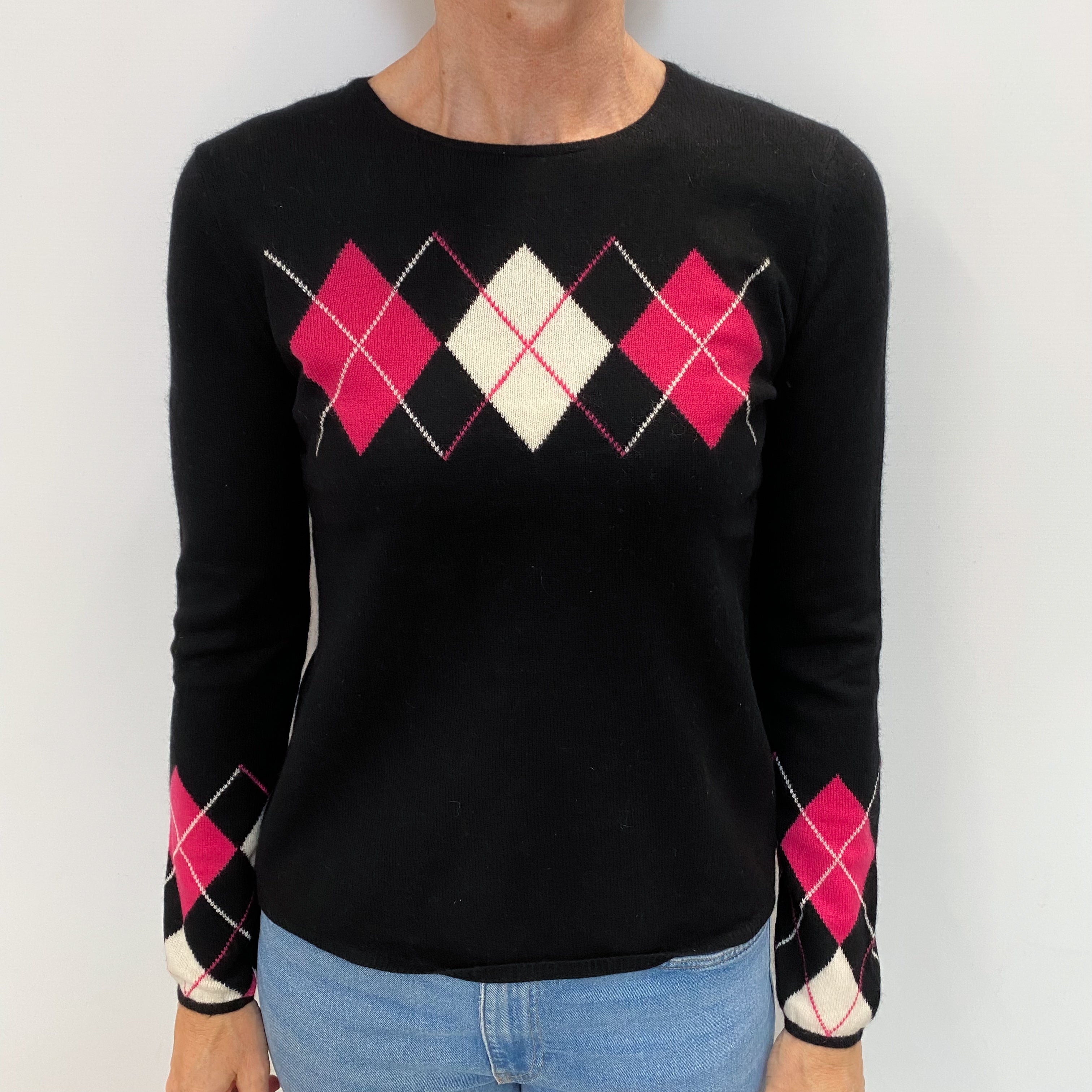Black Diamond Patterned Cashmere Crew Neck Jumper Small