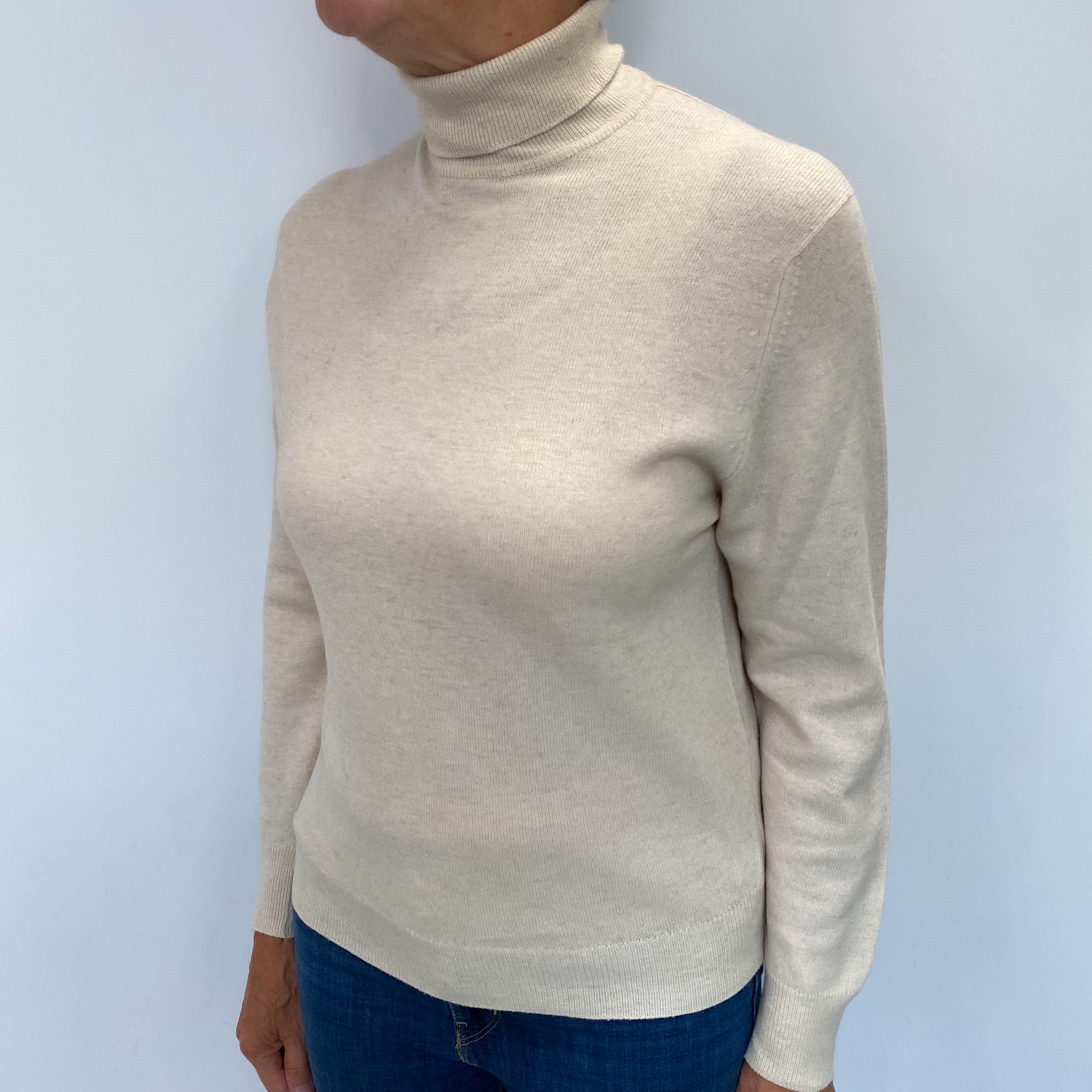 Oatmeal Beige Cashmere Polo Neck Jumper Medium
