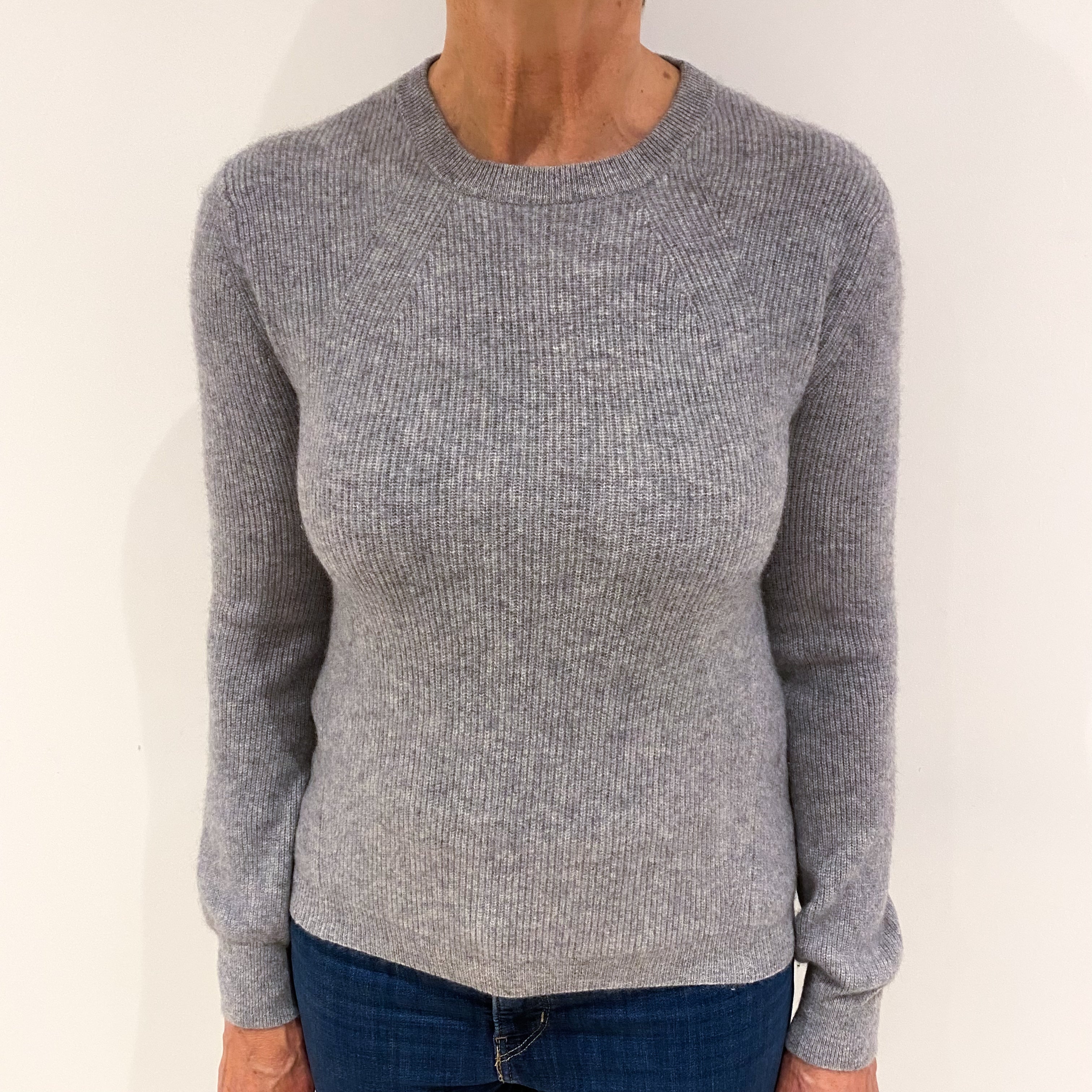 Smoke Grey Ribbed Heavy Knit Cashmere Crew Neck Jumper Medium