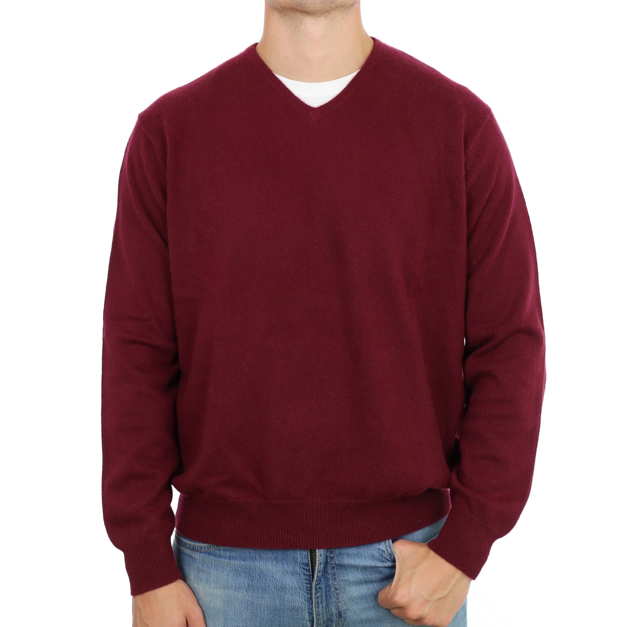 Men's Mulberry Red Cashmere V Neck Jumper XXL