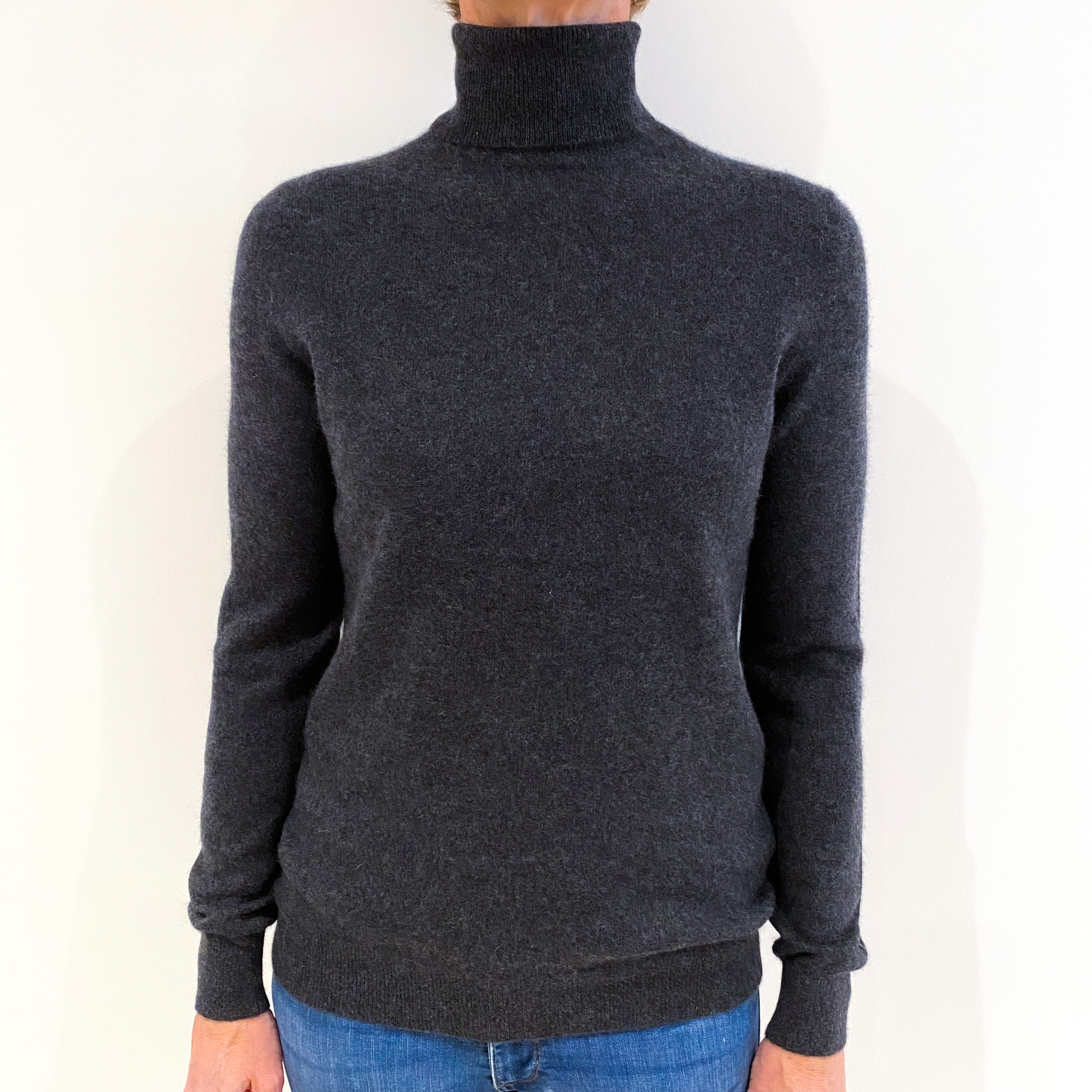 Charcoal Grey Cashmere Polo Neck Jumper Small