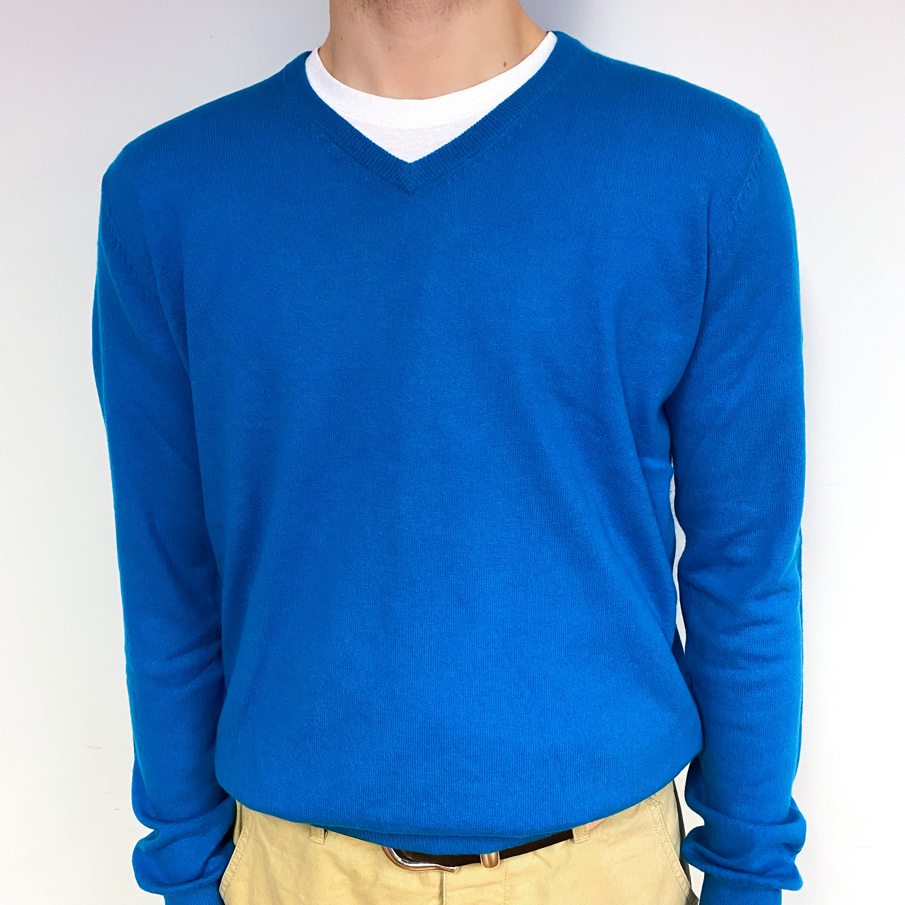 Men's Turquoise Blue Cashmere V-Neck Jumper Medium