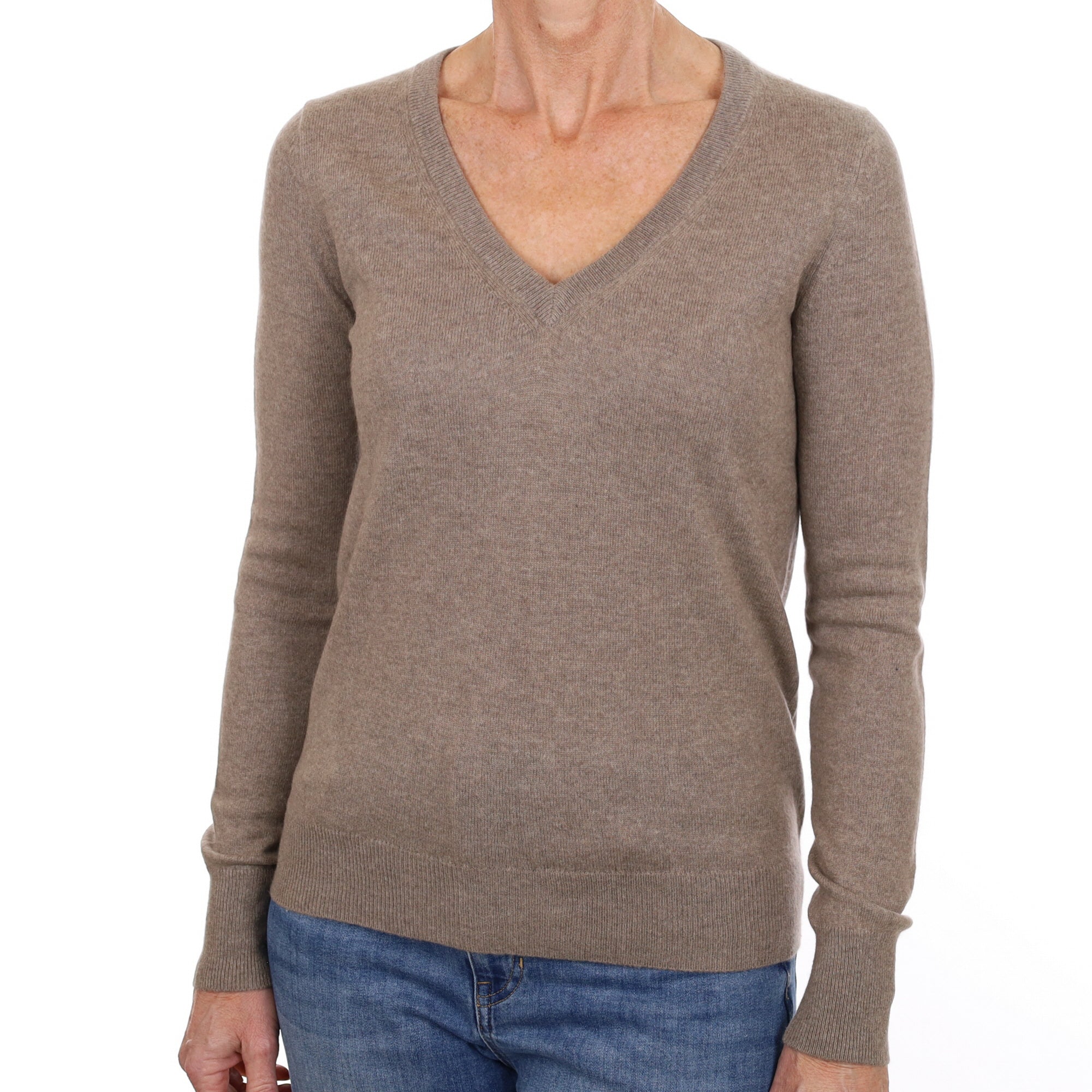 Taupe Brown Cashmere V Neck Jumper Small