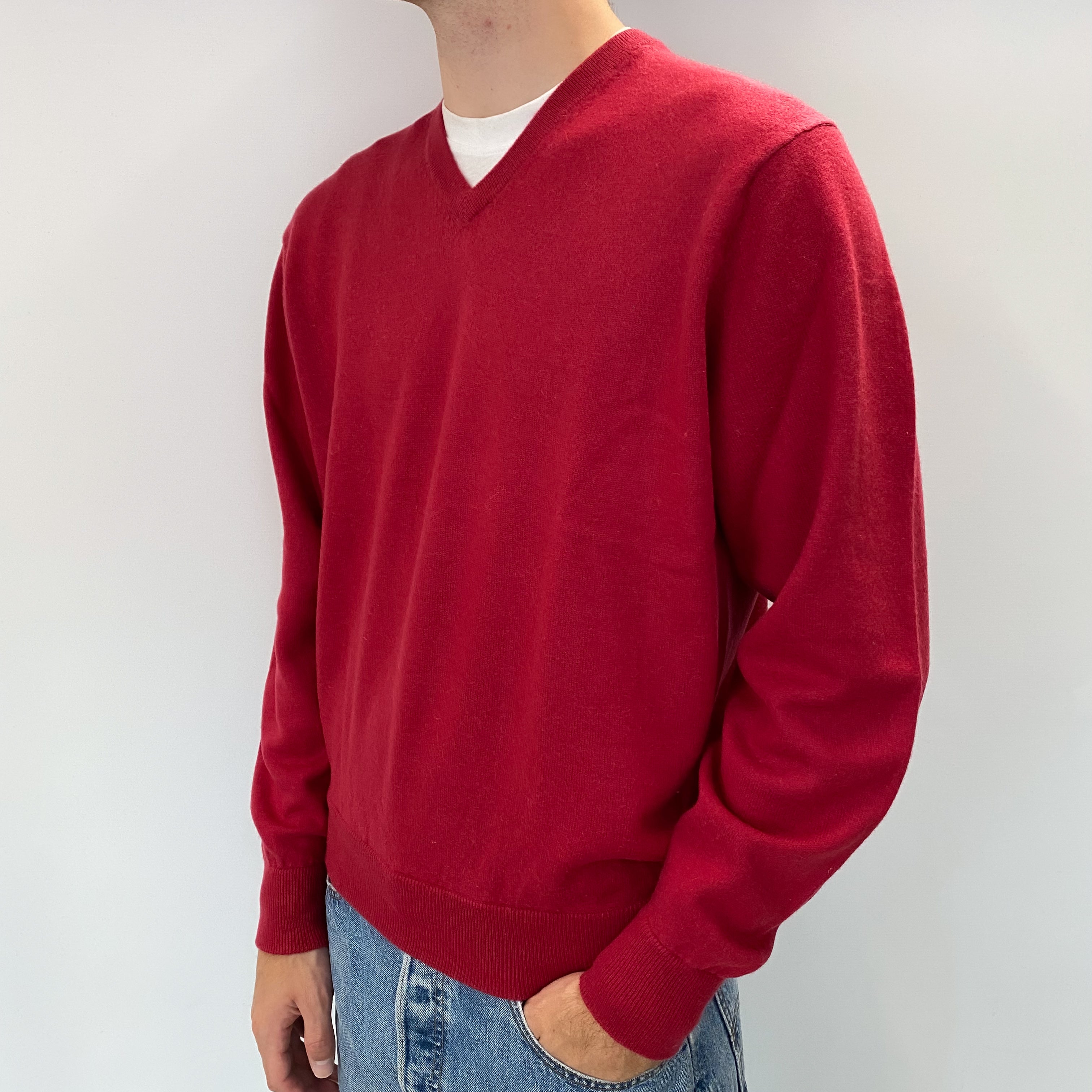 Men's Ruby Red Cashmere V Neck Jumper Large