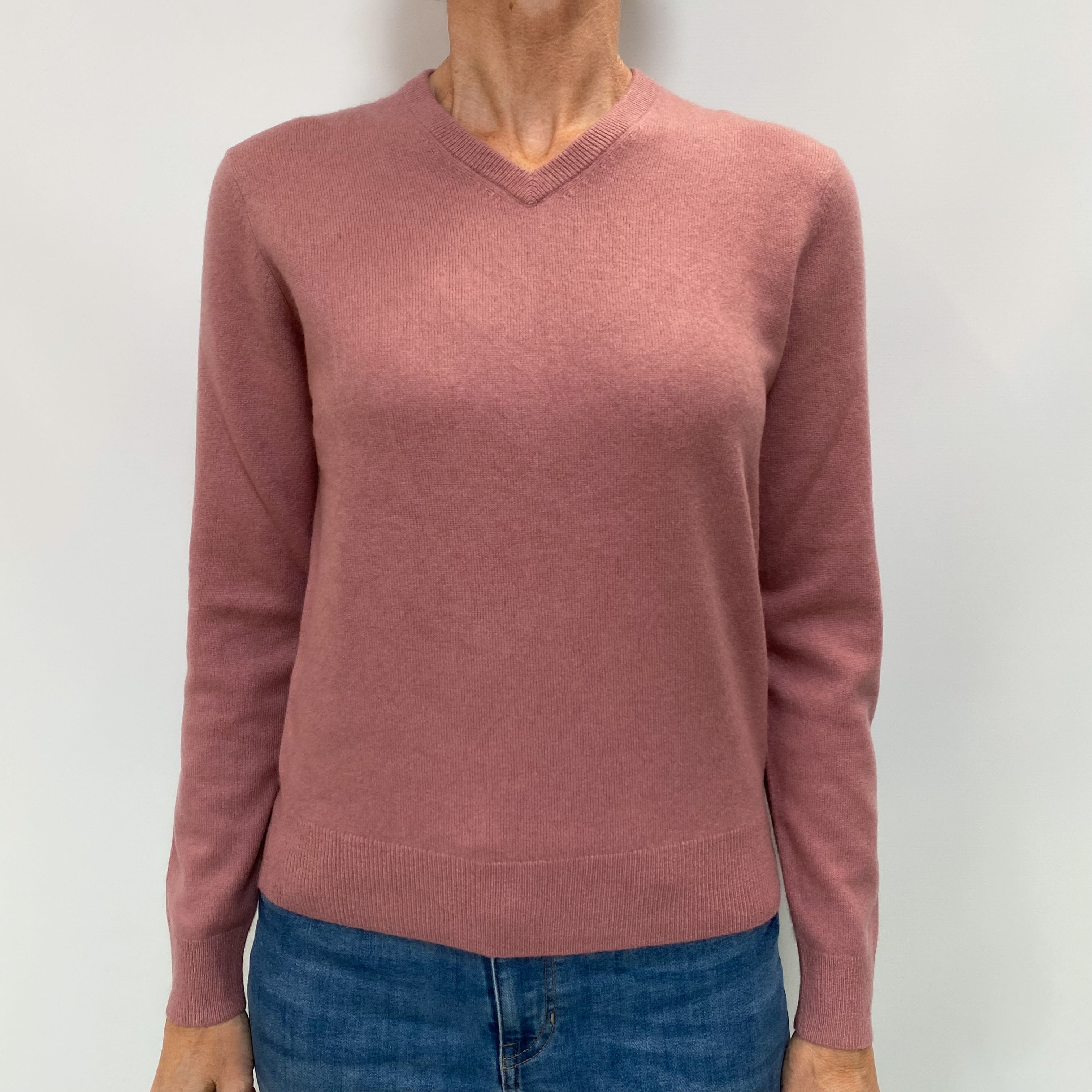 Dusky Rose Pink Cashmere V Neck Jumper Small