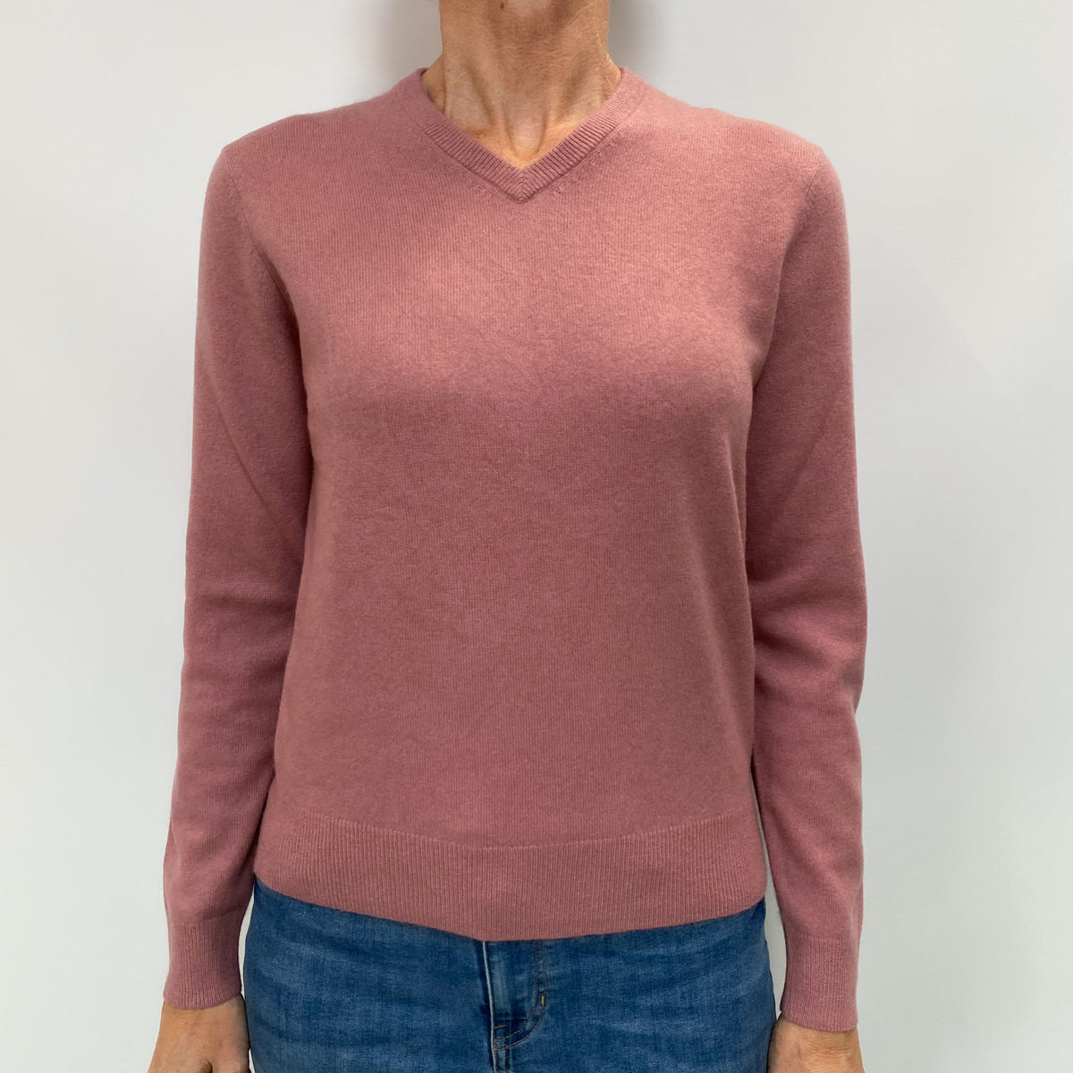 Dusky Rose Pink Cashmere V Neck Jumper Small