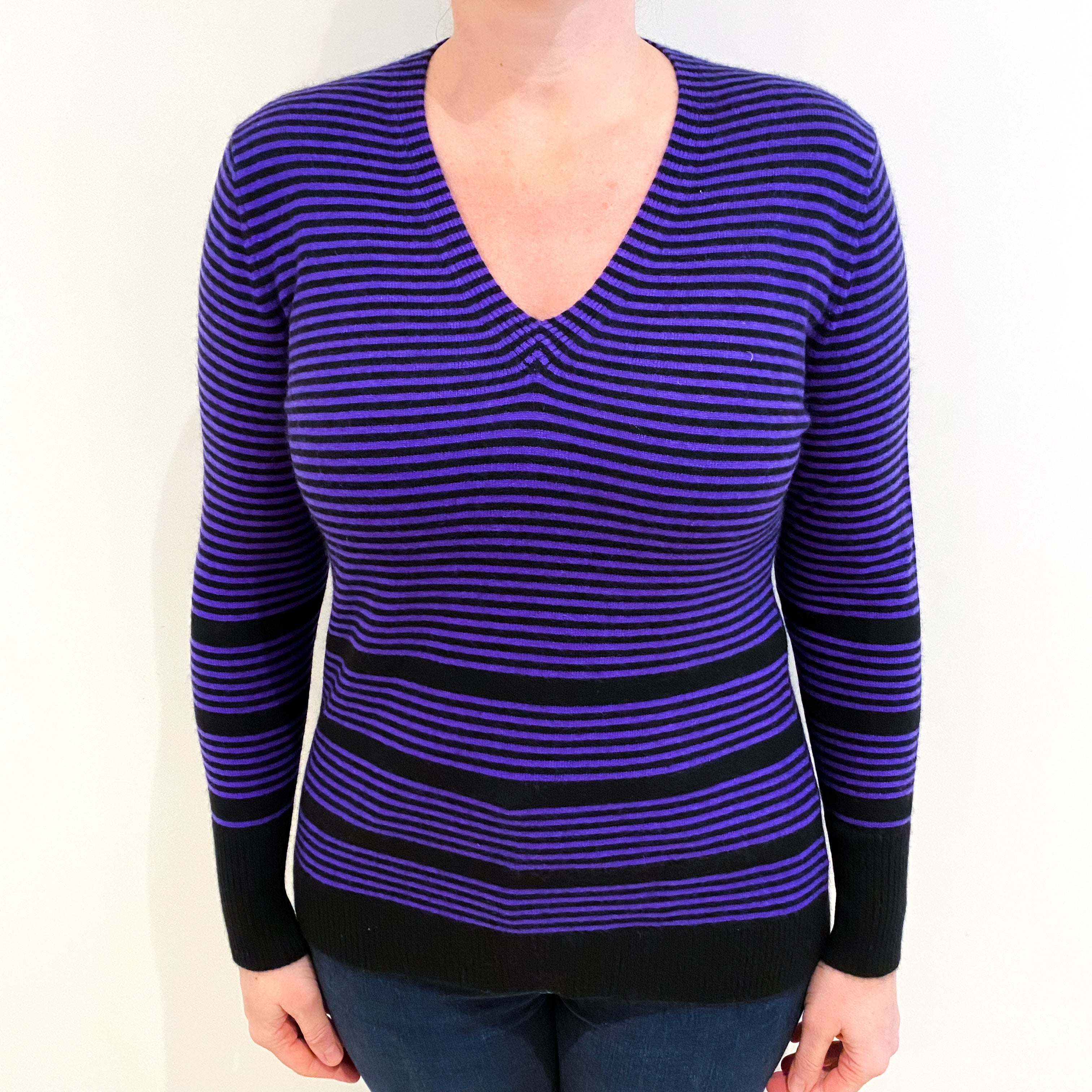 Jaeger Purple Black Stripe Cashmere V Neck Jumper Large
