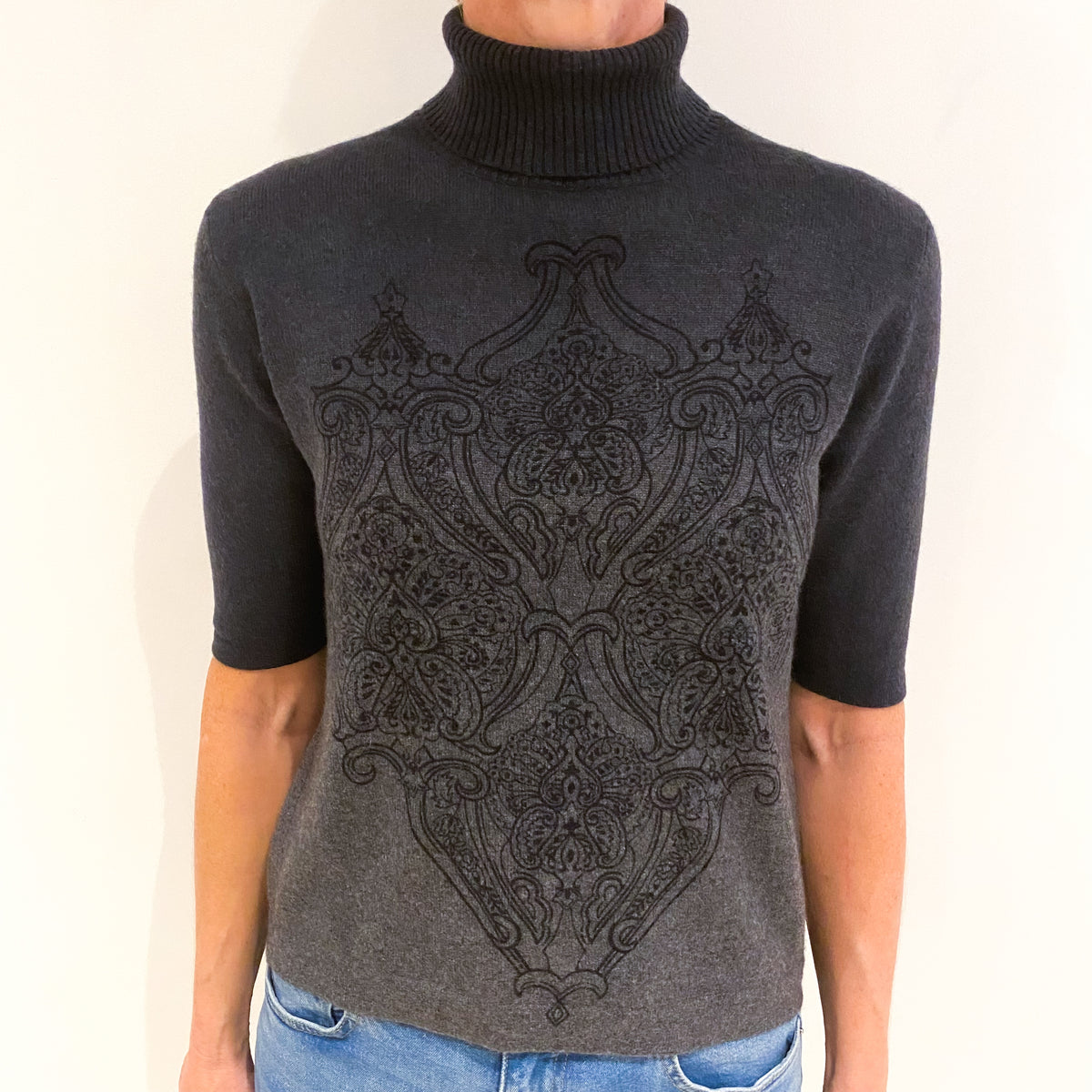 Grey Patterned Cashmere Short Sleeved Polo Neck Jumper Small