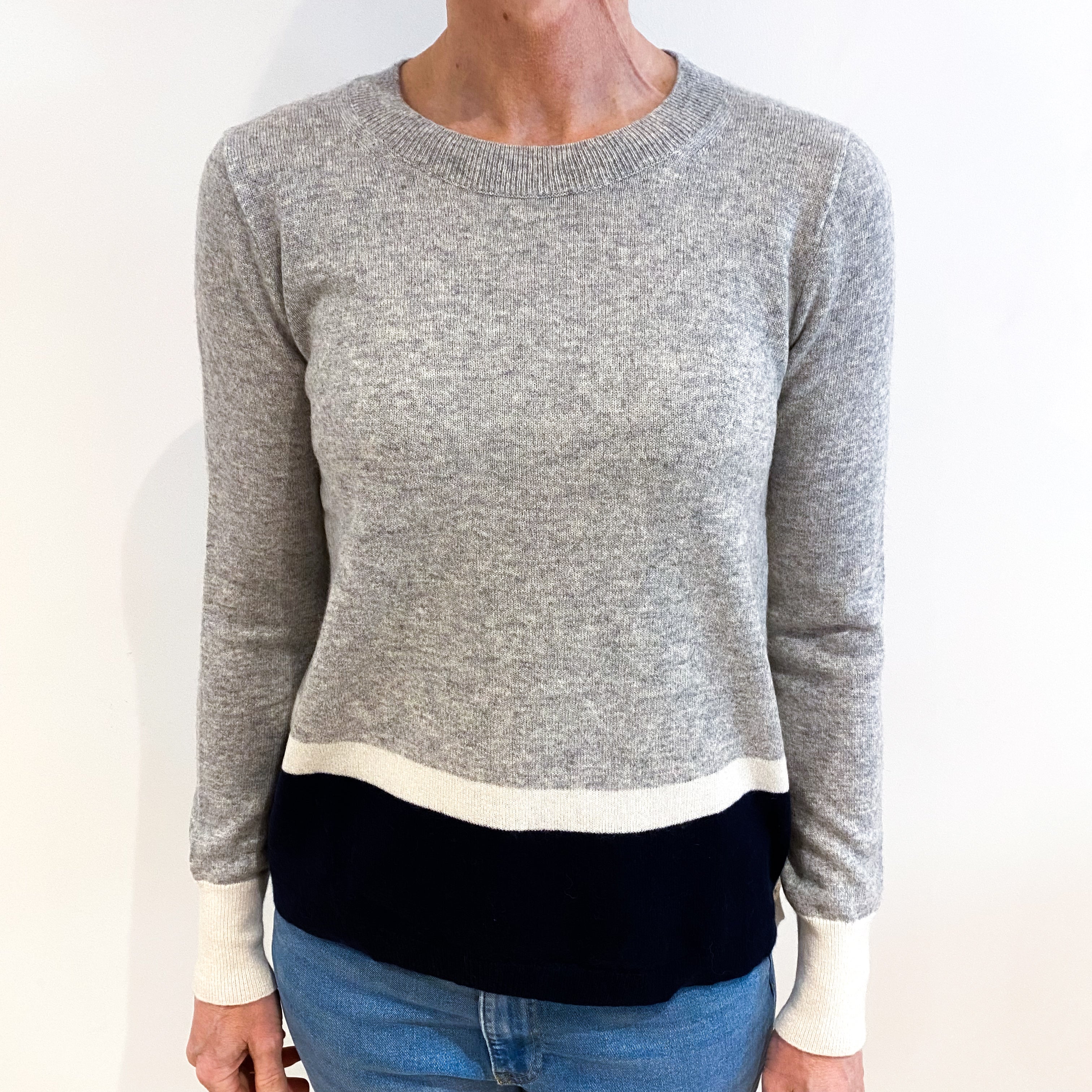 Smoke Grey Colour Block Cashmere Crew Neck Jumper Small
