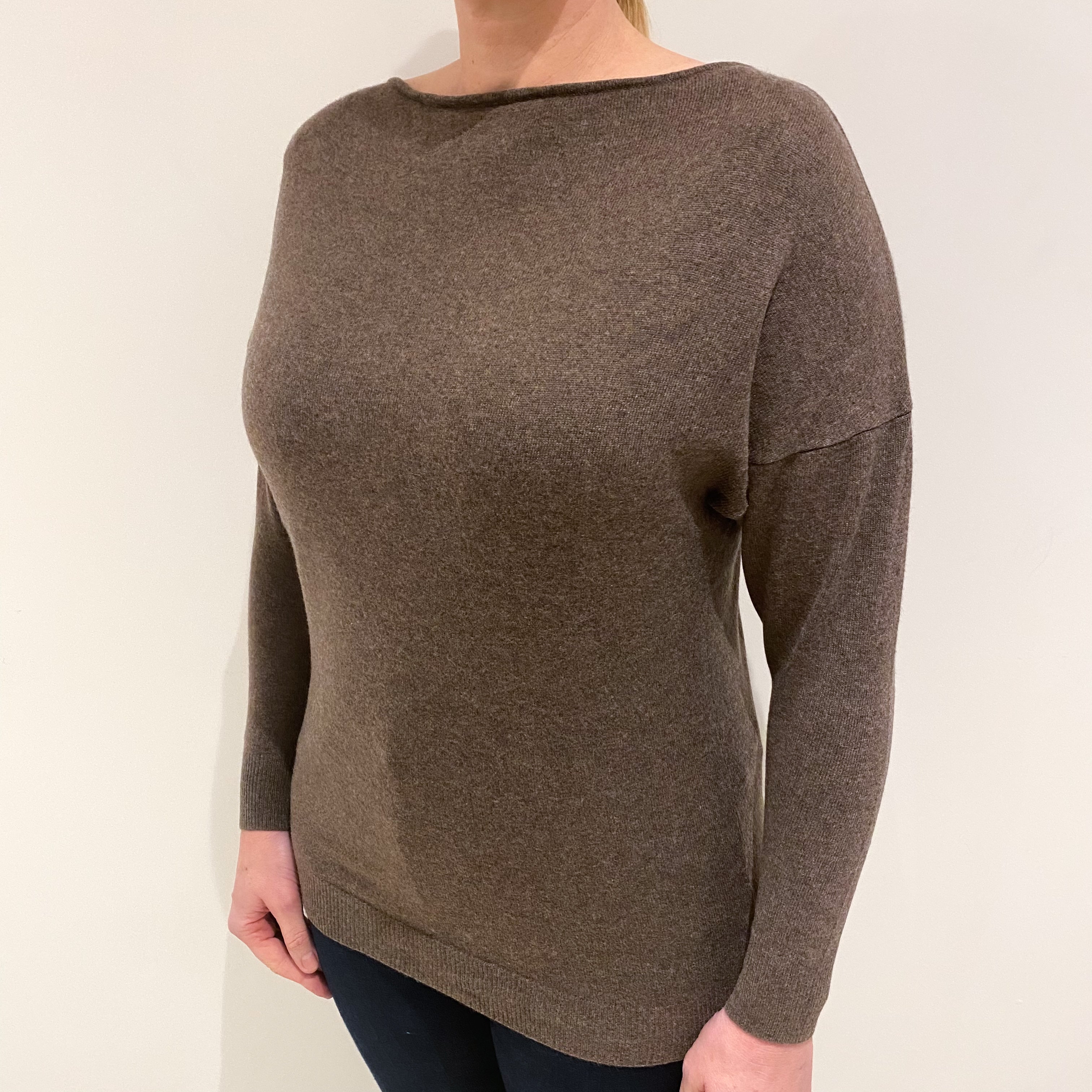 Mocha Brown Cashmere Slash Neck Jumper Large