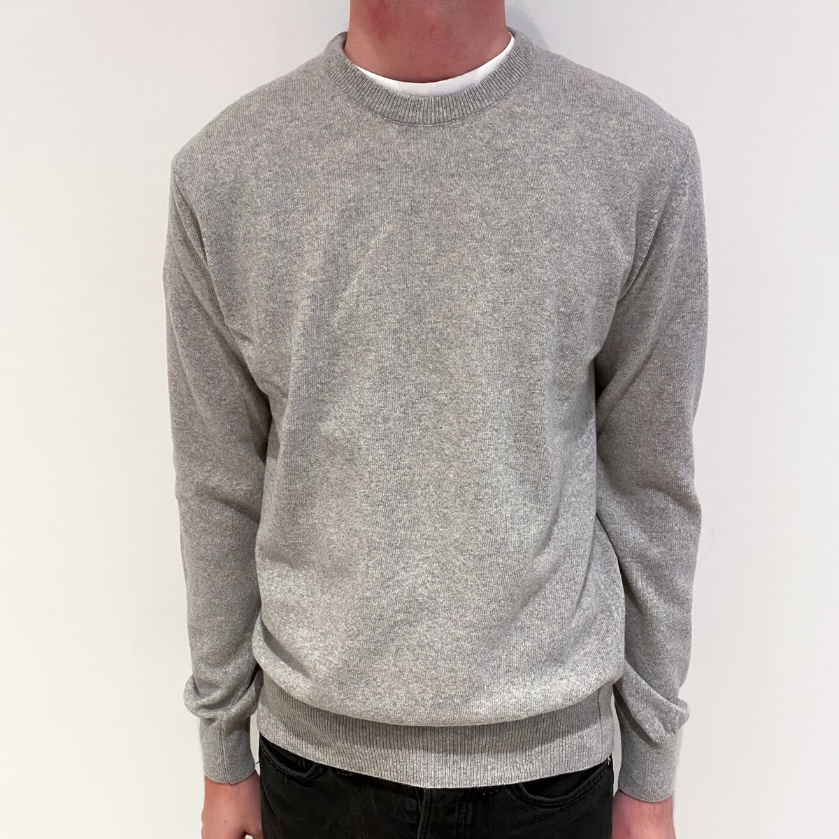 Men's New Italian Smoke Grey Cashmere Crew Neck Jumper Small