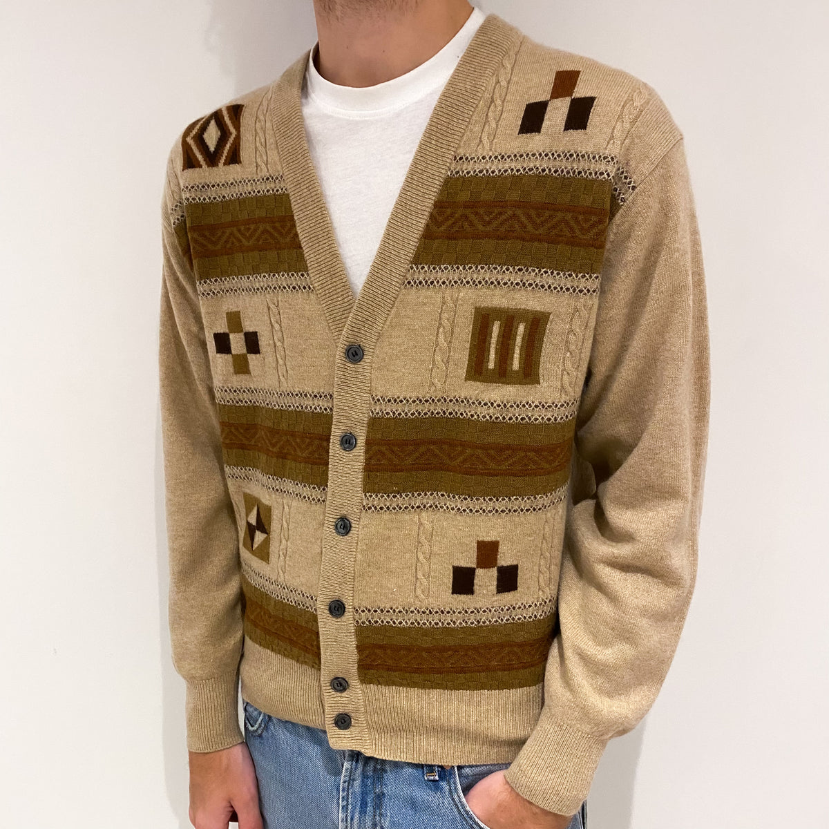 Men's Biscuit Brown Patchwork Cashmere V-Neck Cardigan Large