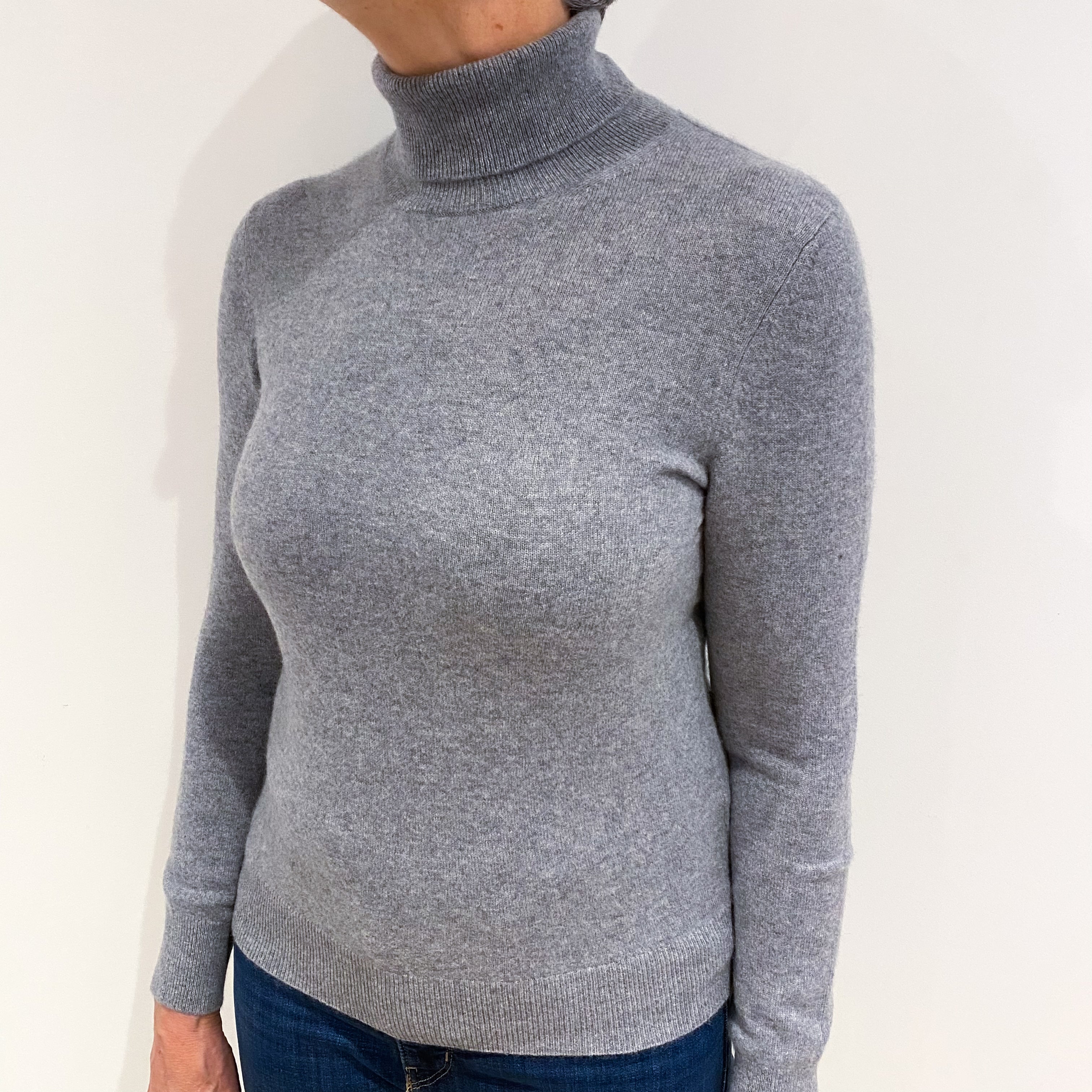Ash Grey Cashmere Polo Neck Jumper Medium
