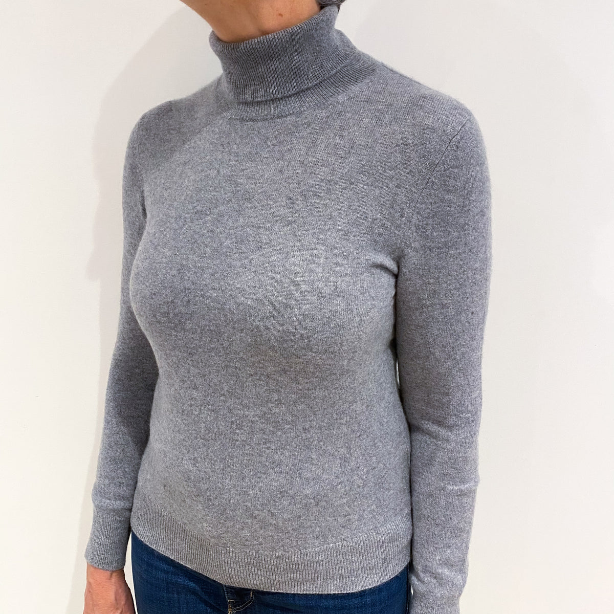Ash Grey Cashmere Polo Neck Jumper Medium