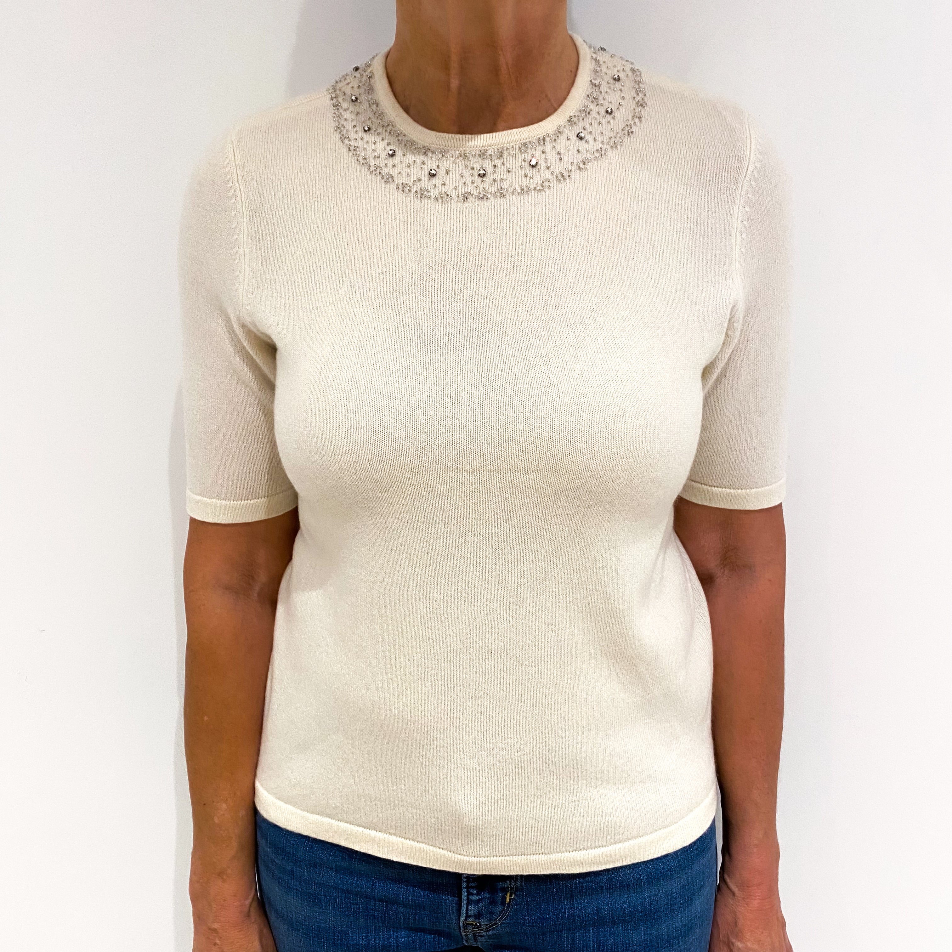 Cream Embellished Cashmere Short Sleeve Crew Neck Jumper Medium