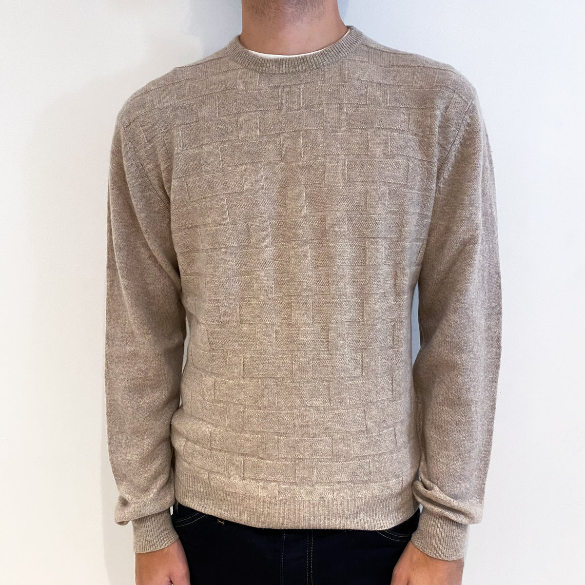 Men's Biscuit Brown Textured Cashmere Crew Neck Jumper Medium