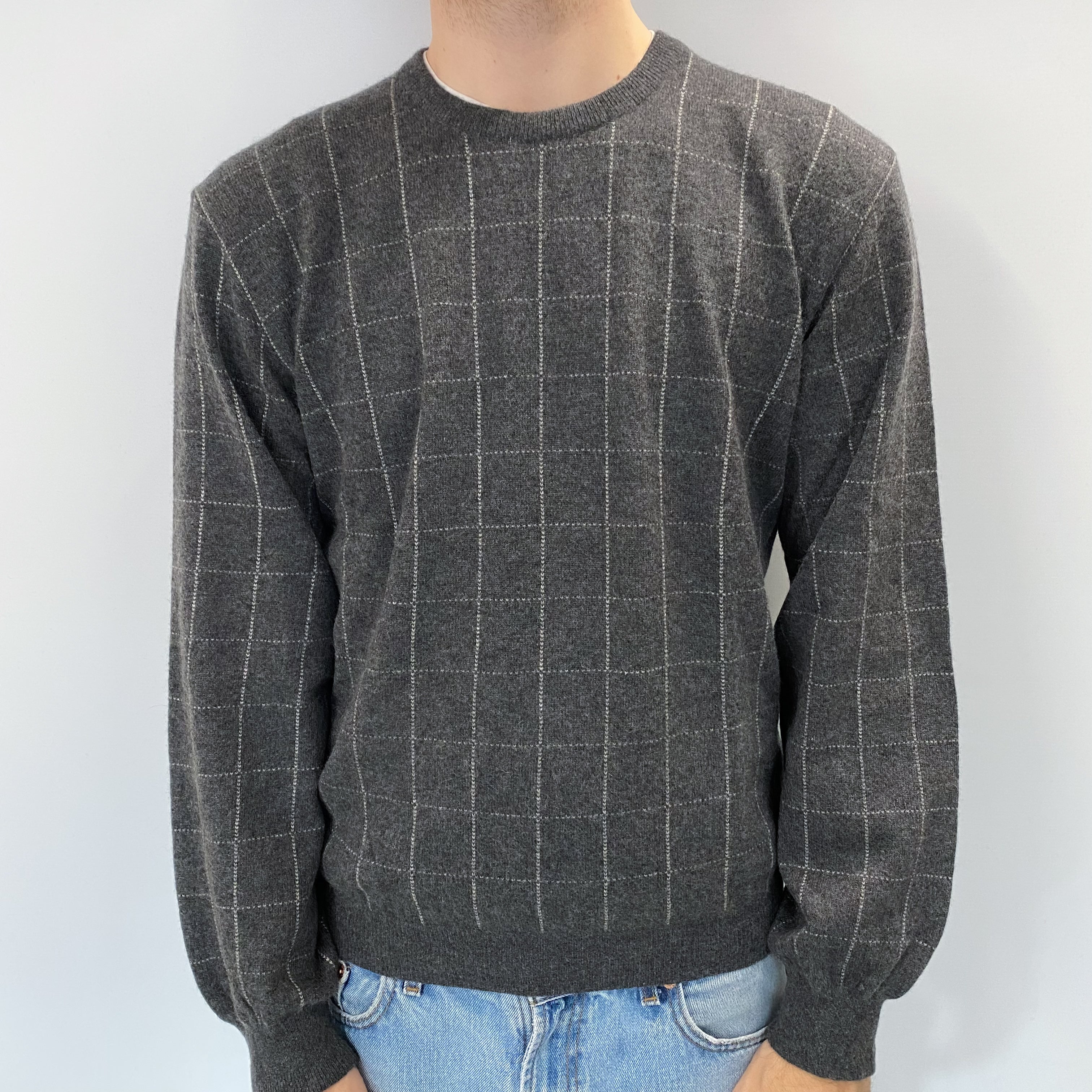 Men's Slate Grey Checked Cashmere Crew Neck Jumper Medium
