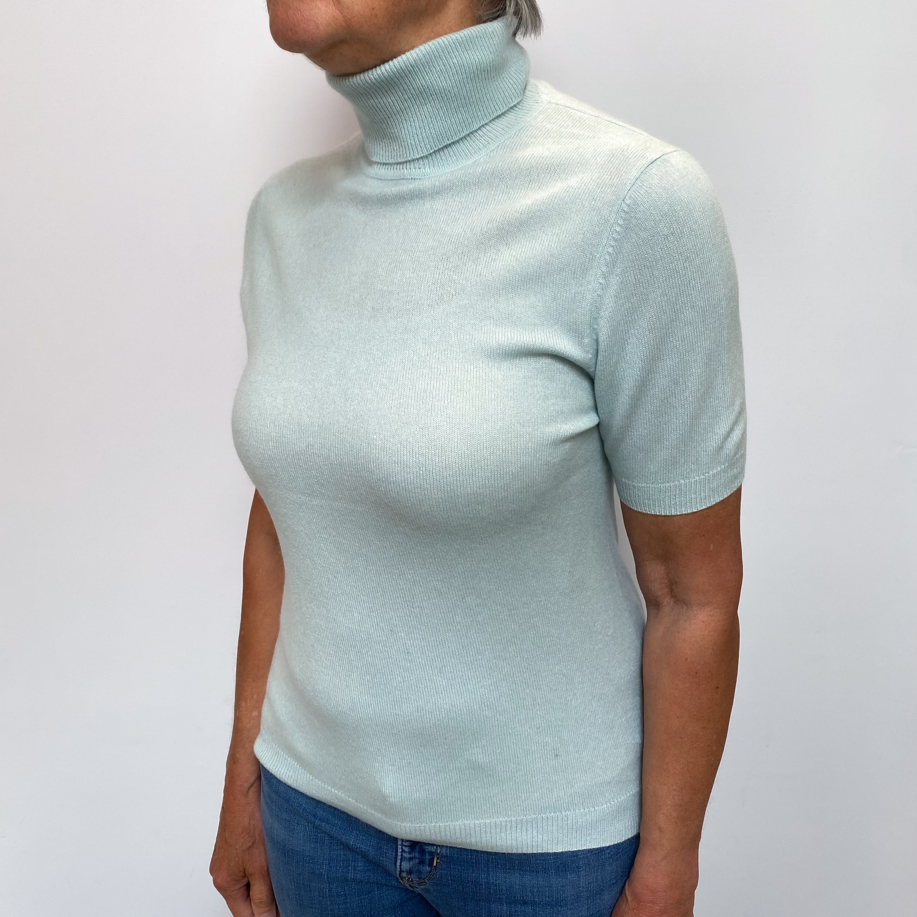 Mint Blue Cashmere Polo Neck Short Sleeved Jumper Medium