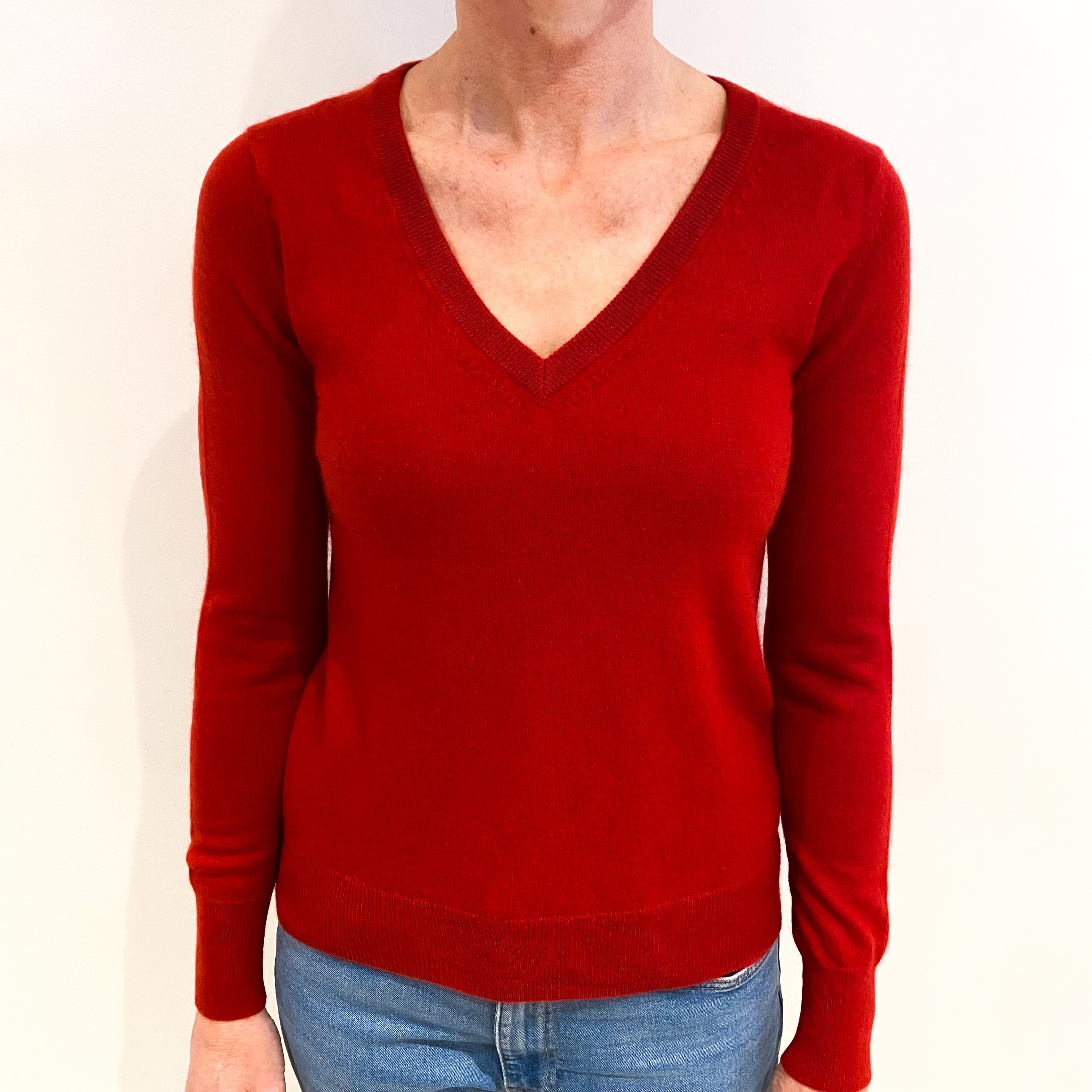 Spanish Red Cashmere V Neck Jumper Small