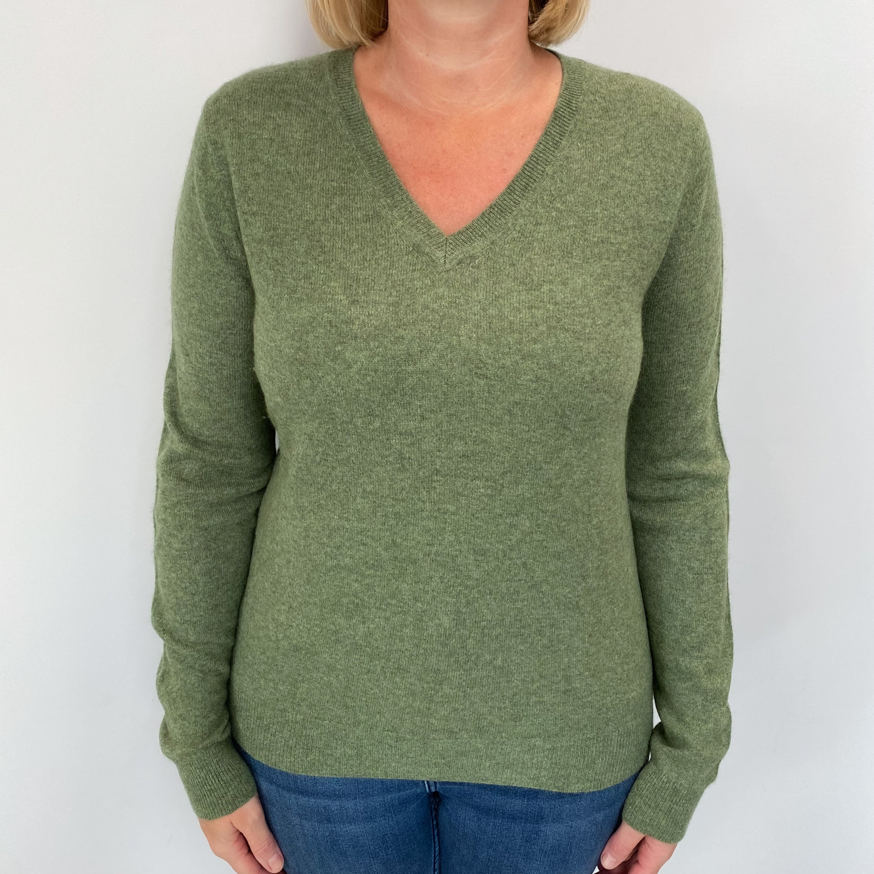 Sage Green Cashmere V Neck Jumper Large