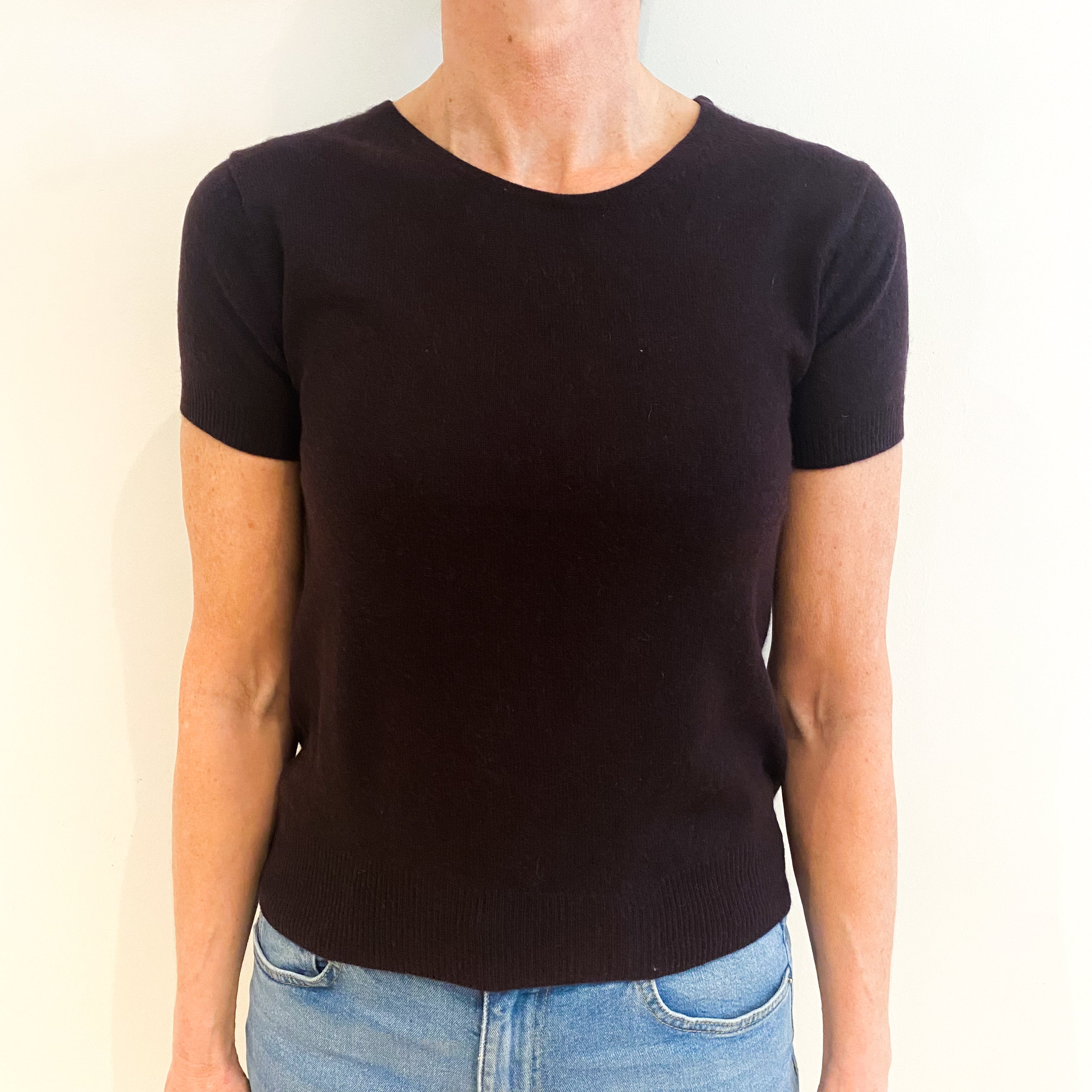 Deep Aubergine Cashmere Crew Neck Short Sleeved Jumper Small