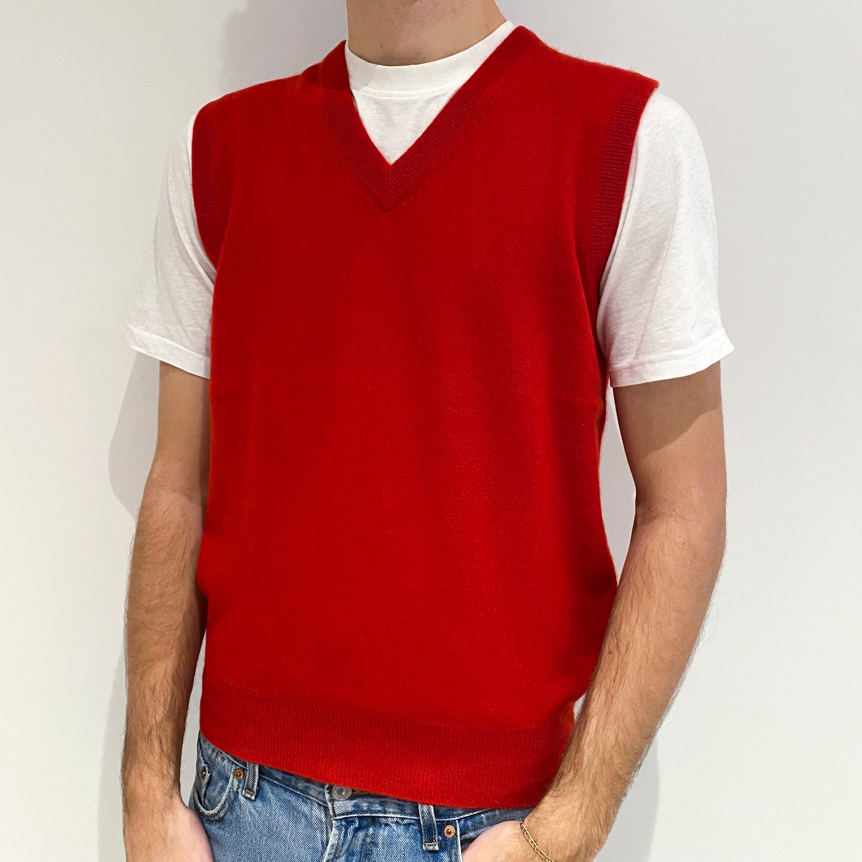 Men's Scarlet Red Cashmere V-Neck Tank Top Large