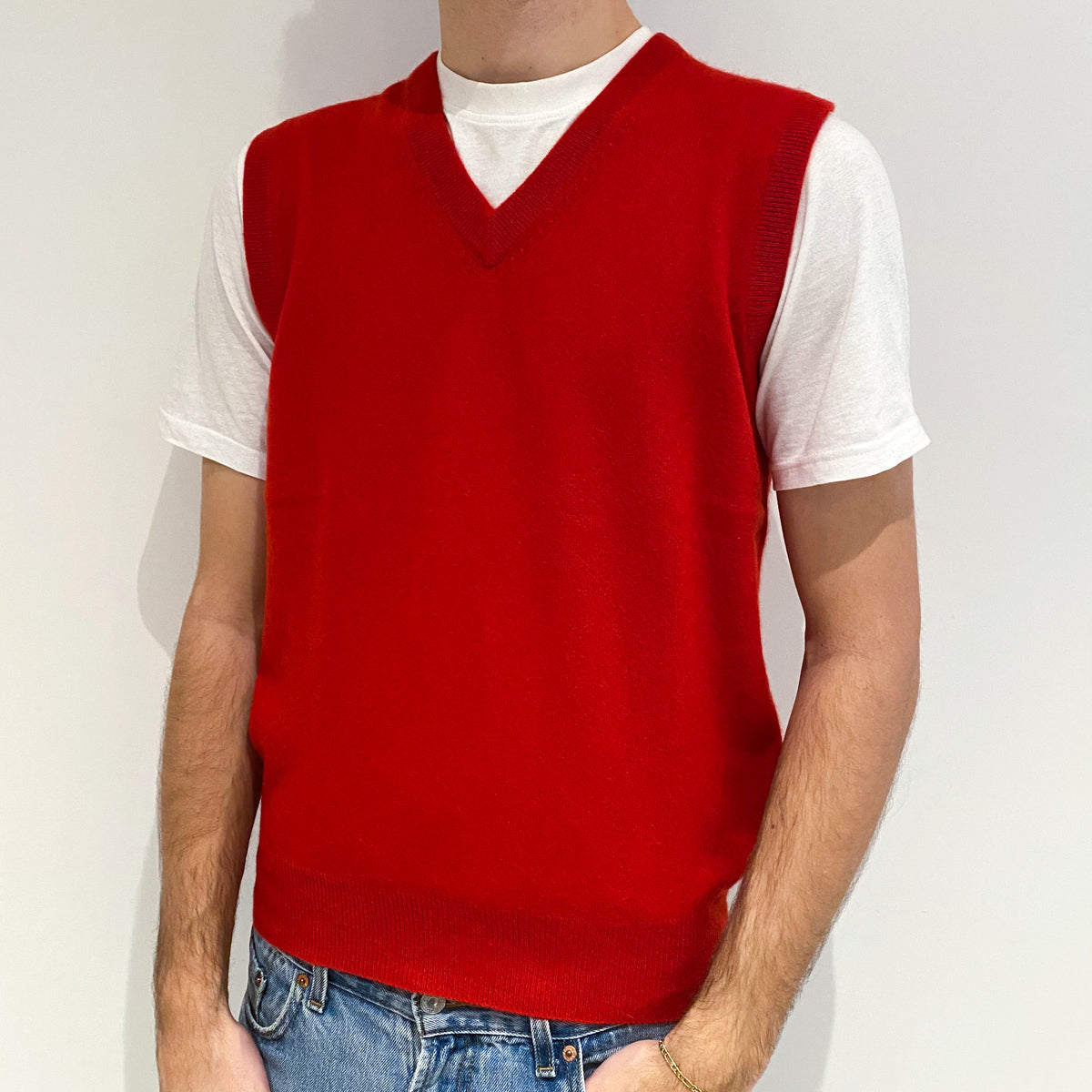 Men's Scarlet Red Cashmere V-Neck Tank Top Large