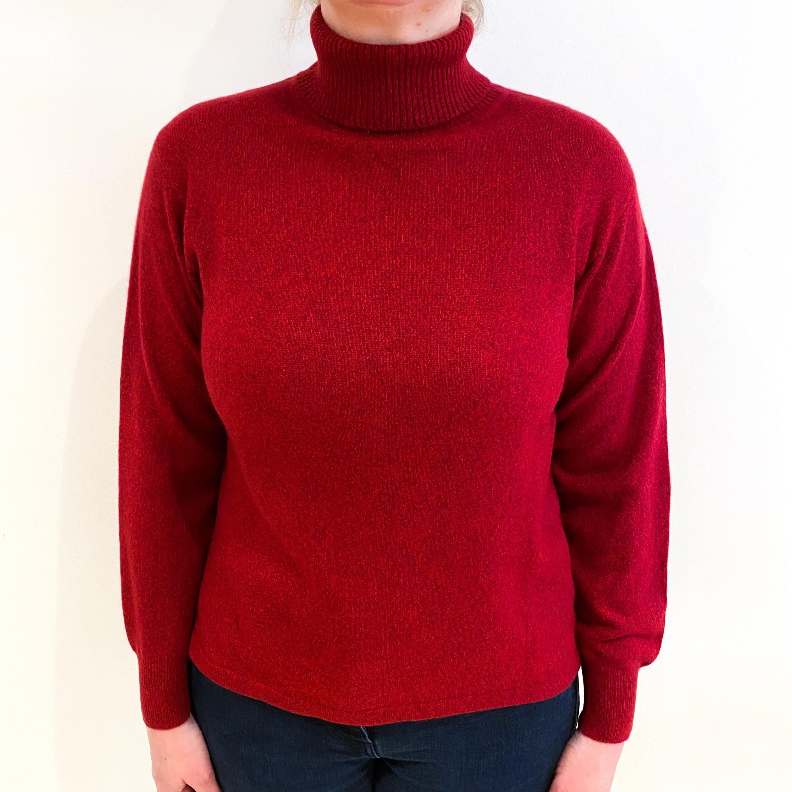 Crimson Red Marl Cashmere Polo Neck Jumper Large