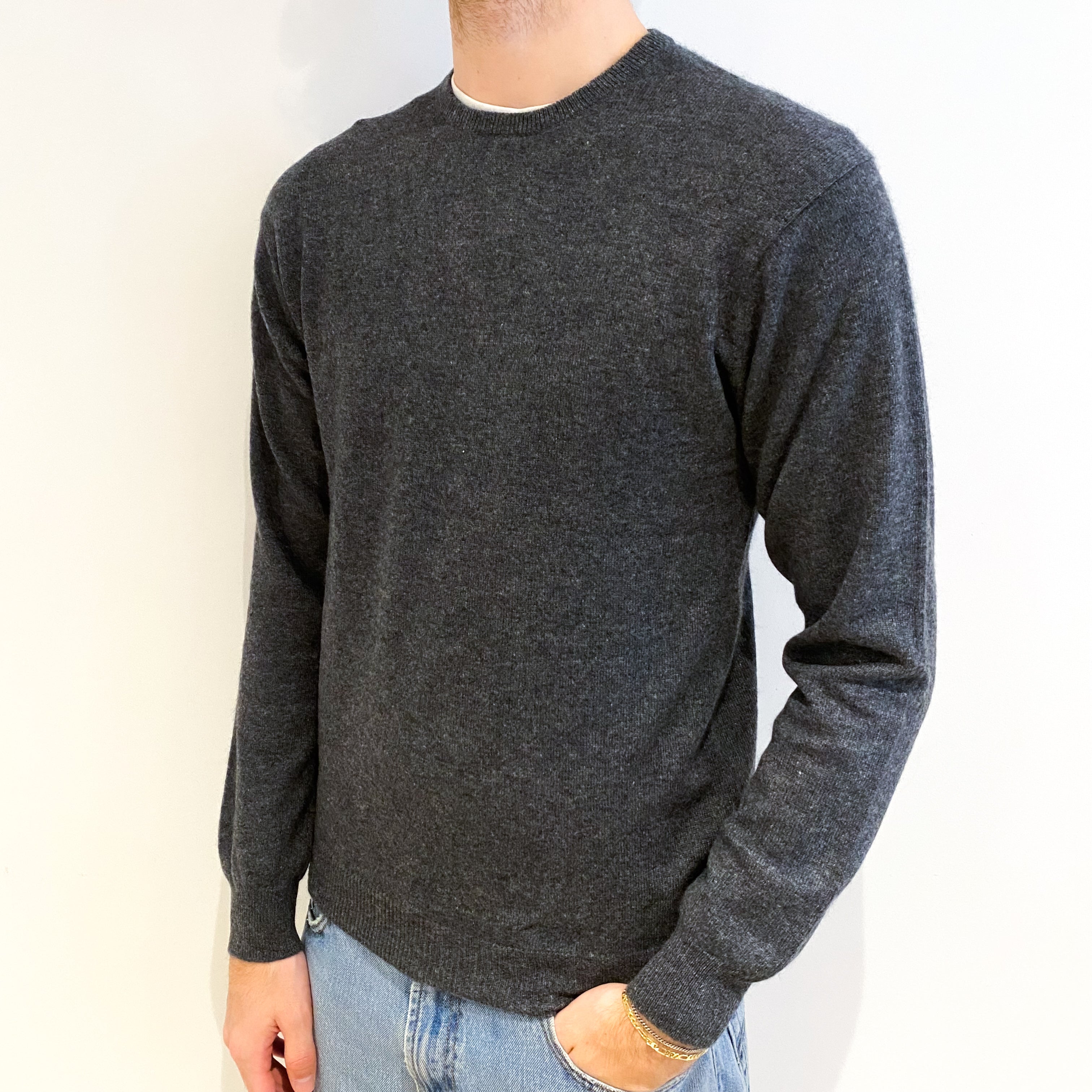 Men's Slate Grey Cashmere Crew Neck Jumper Medium