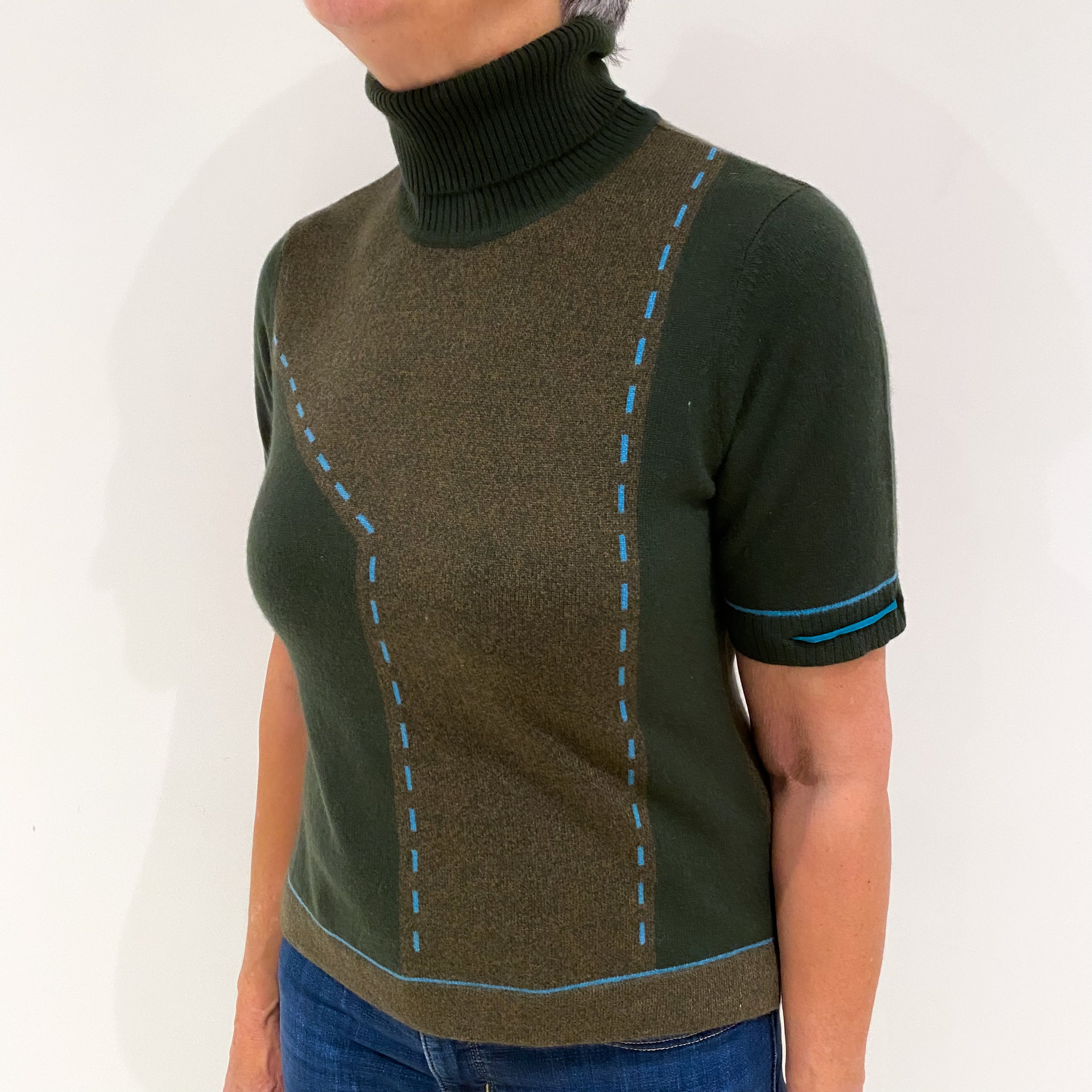 Deep Khaki Green Cashmere Polo Neck Short Sleeve Jumper Medium