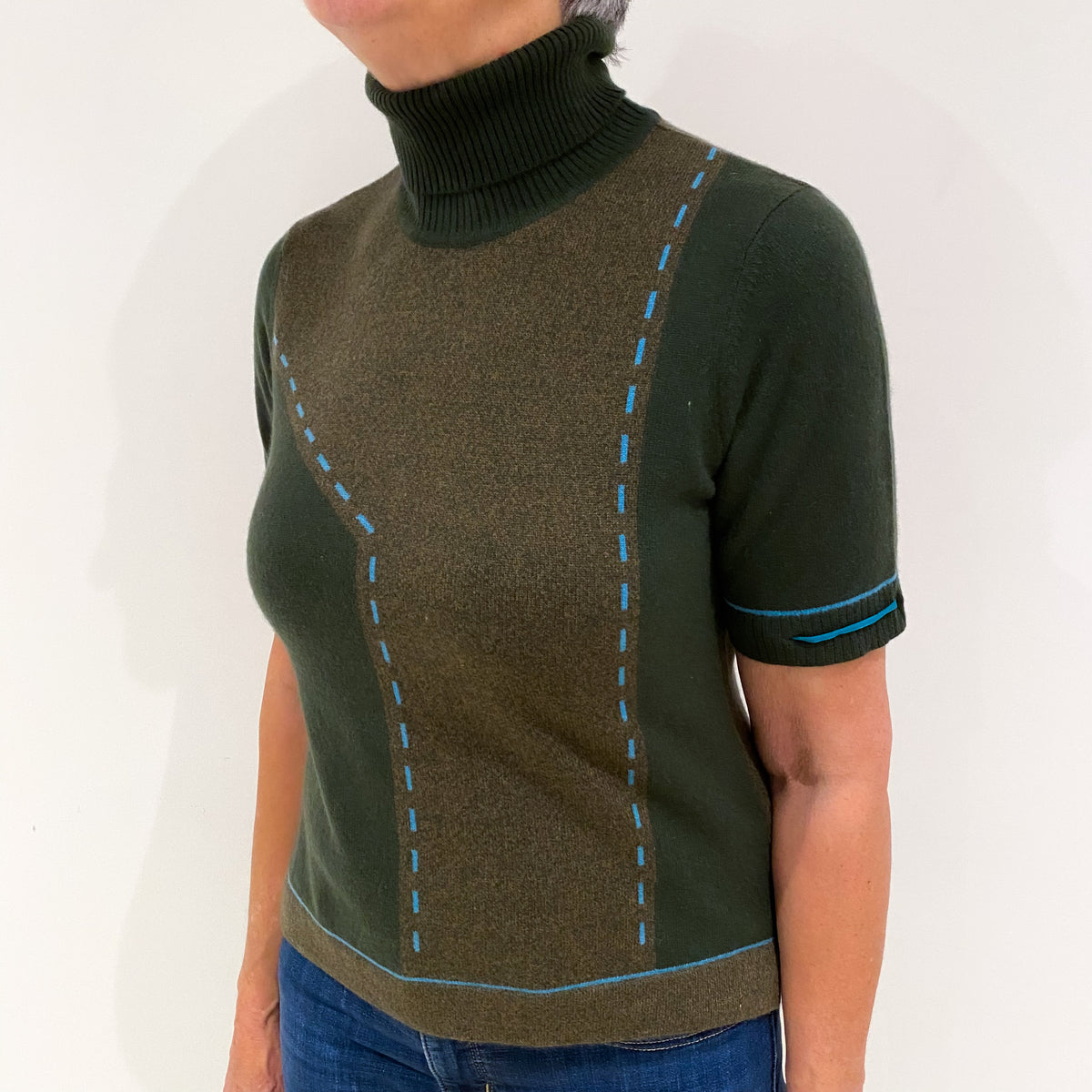 Deep Khaki Green Cashmere Polo Neck Short Sleeve Jumper Medium