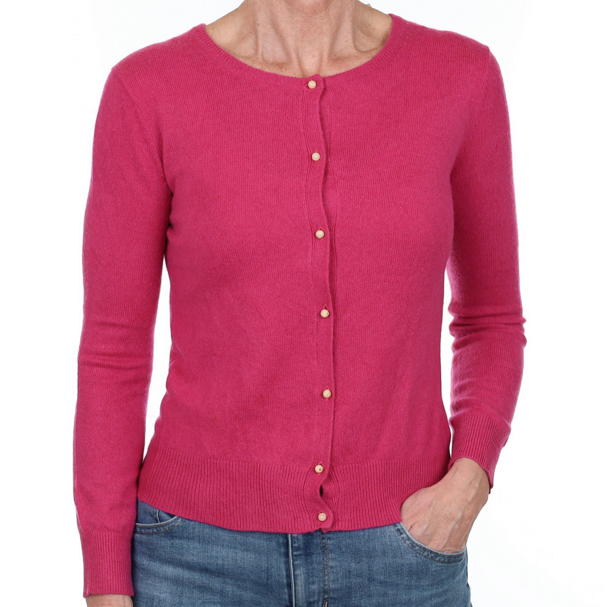 Raspberry Pink Cashmere Crew Neck Cardigan Small