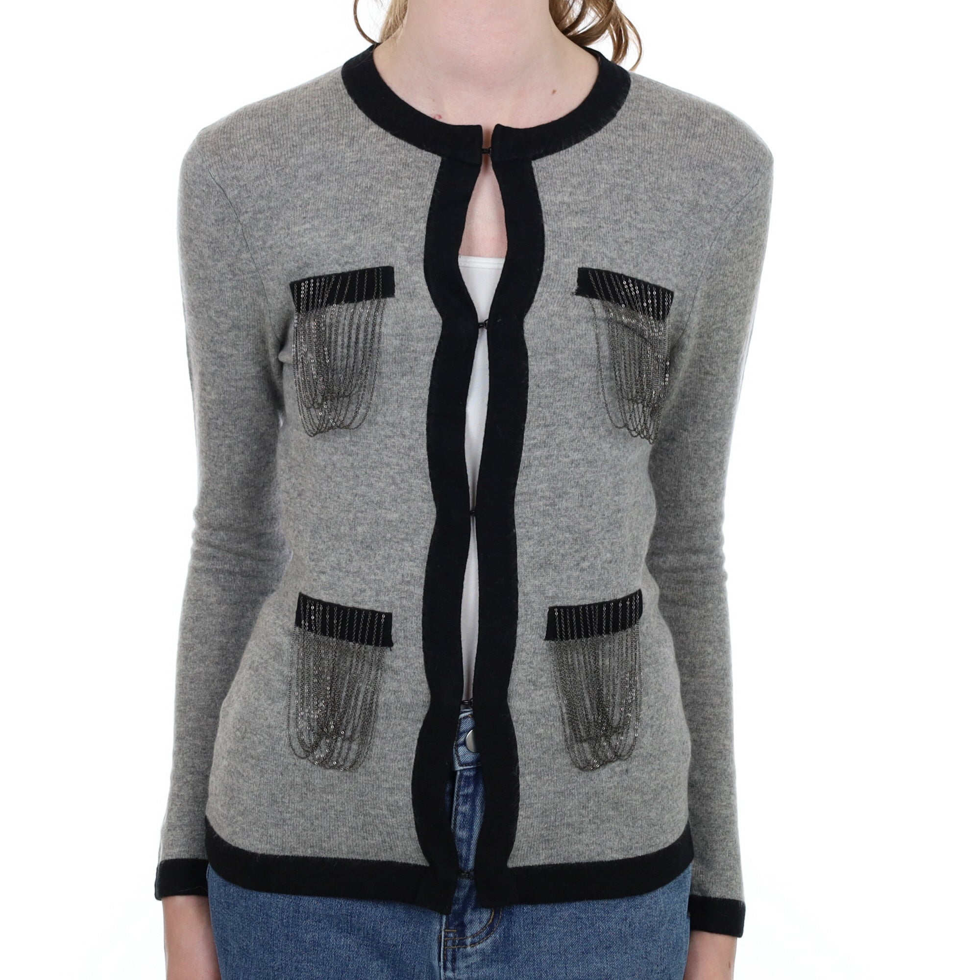Grey and Black Tassel Cashmere Cardigan Extra Small