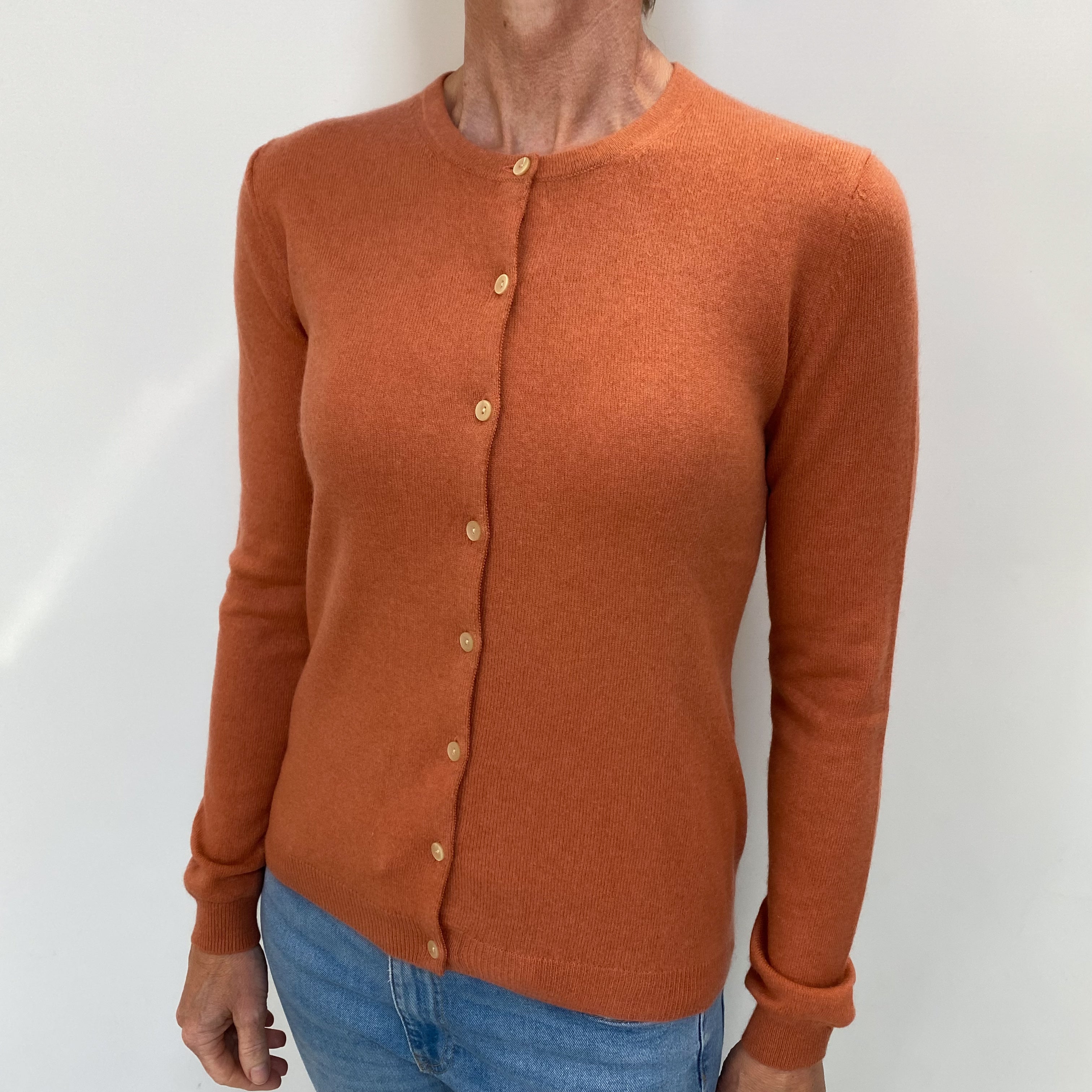 Terracotta Orange Cashmere Crew Neck Cardigan Small
