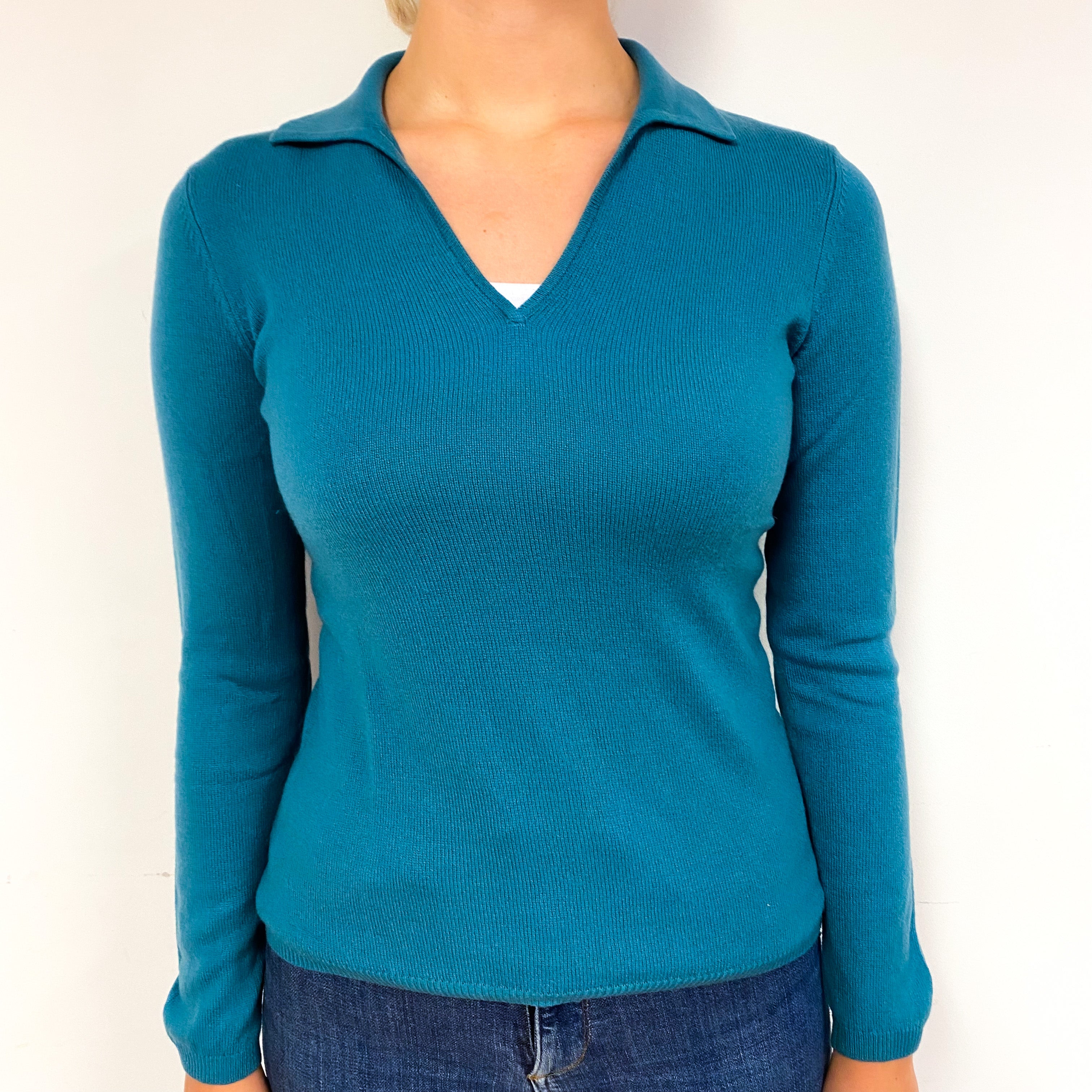 Teal Green Cashmere Collared V-Neck Jumper Small