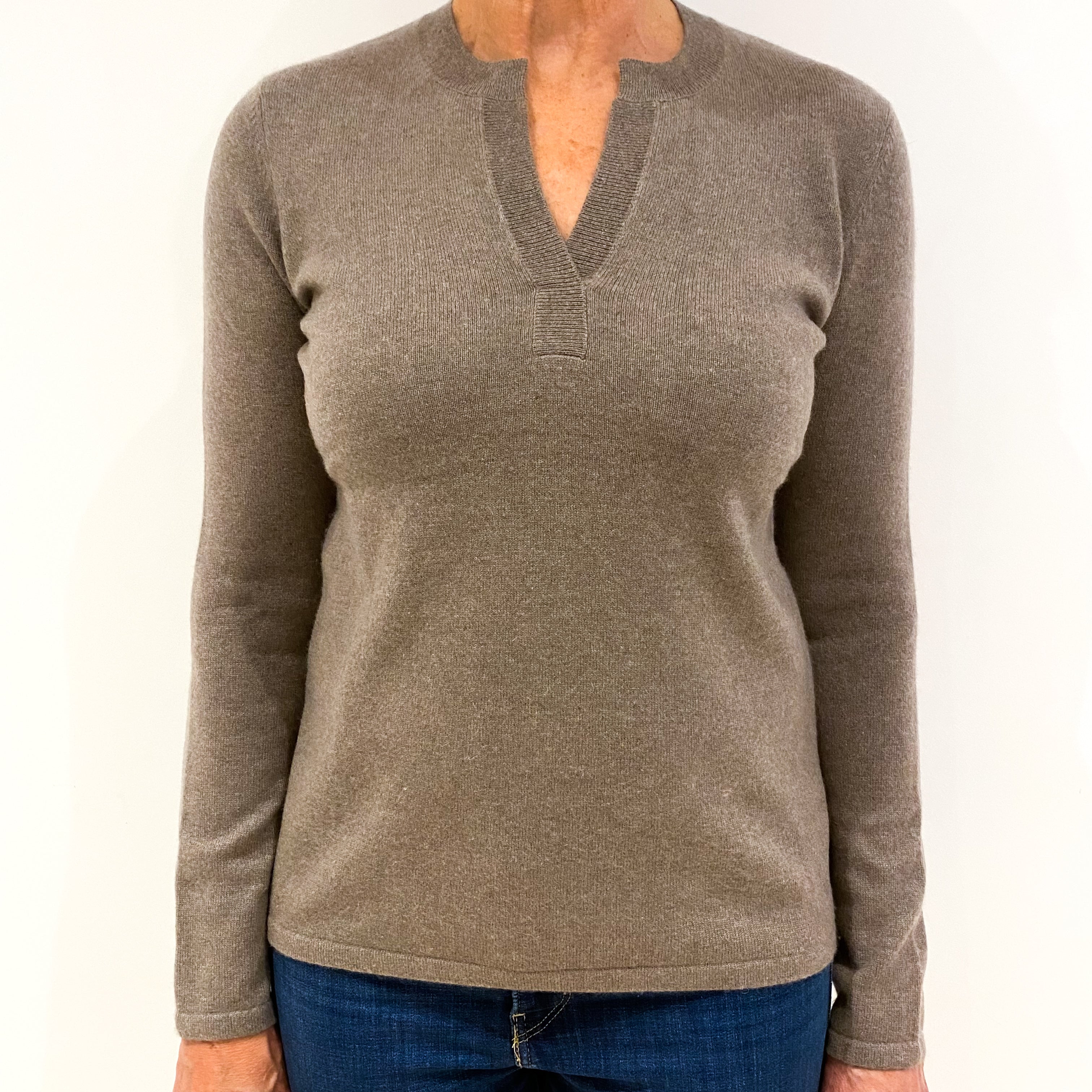 Mocha Brown Cashmere Notch Neck Jumper Medium