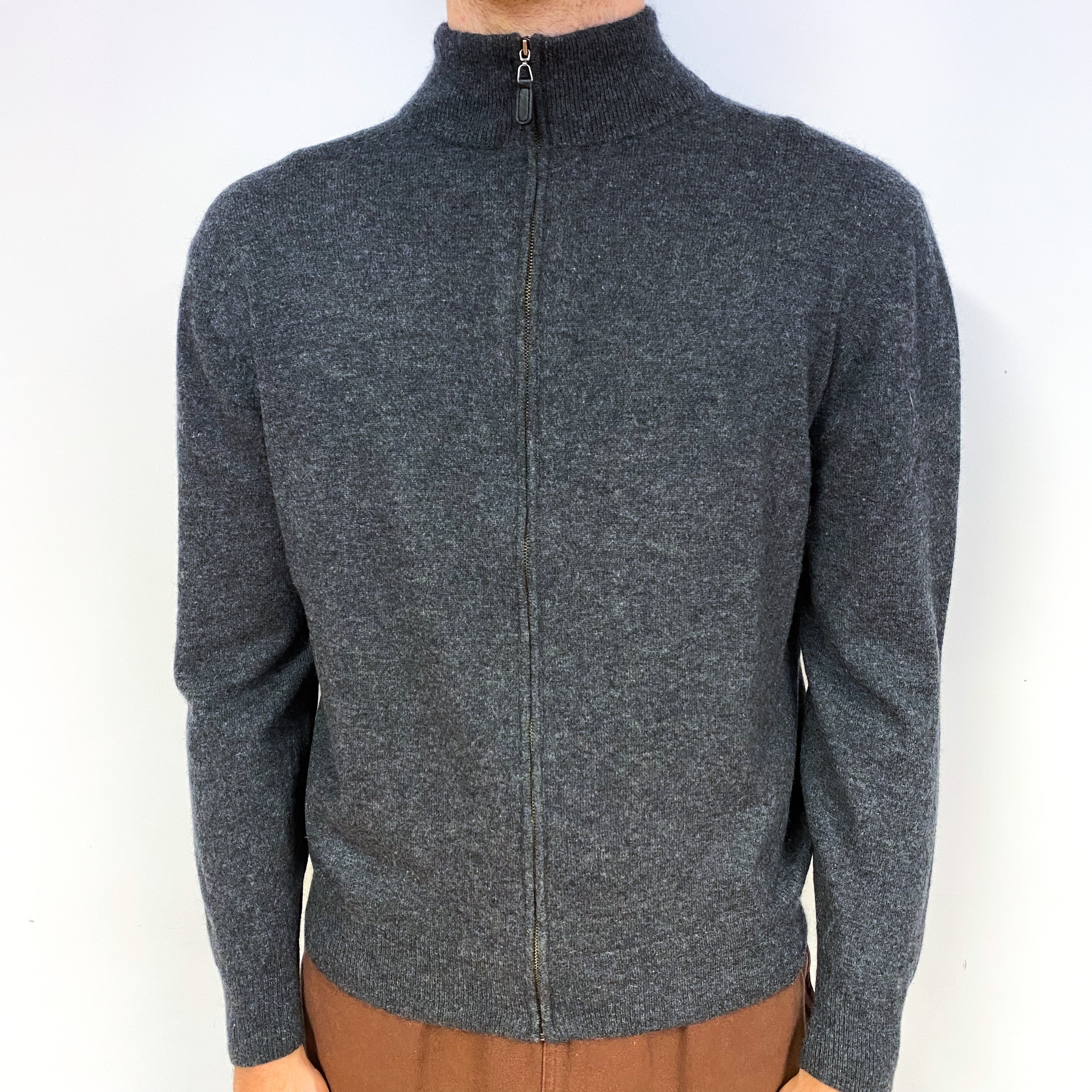 Men's Slate Grey Cashmere Zip Turtle Neck Cardigan Large