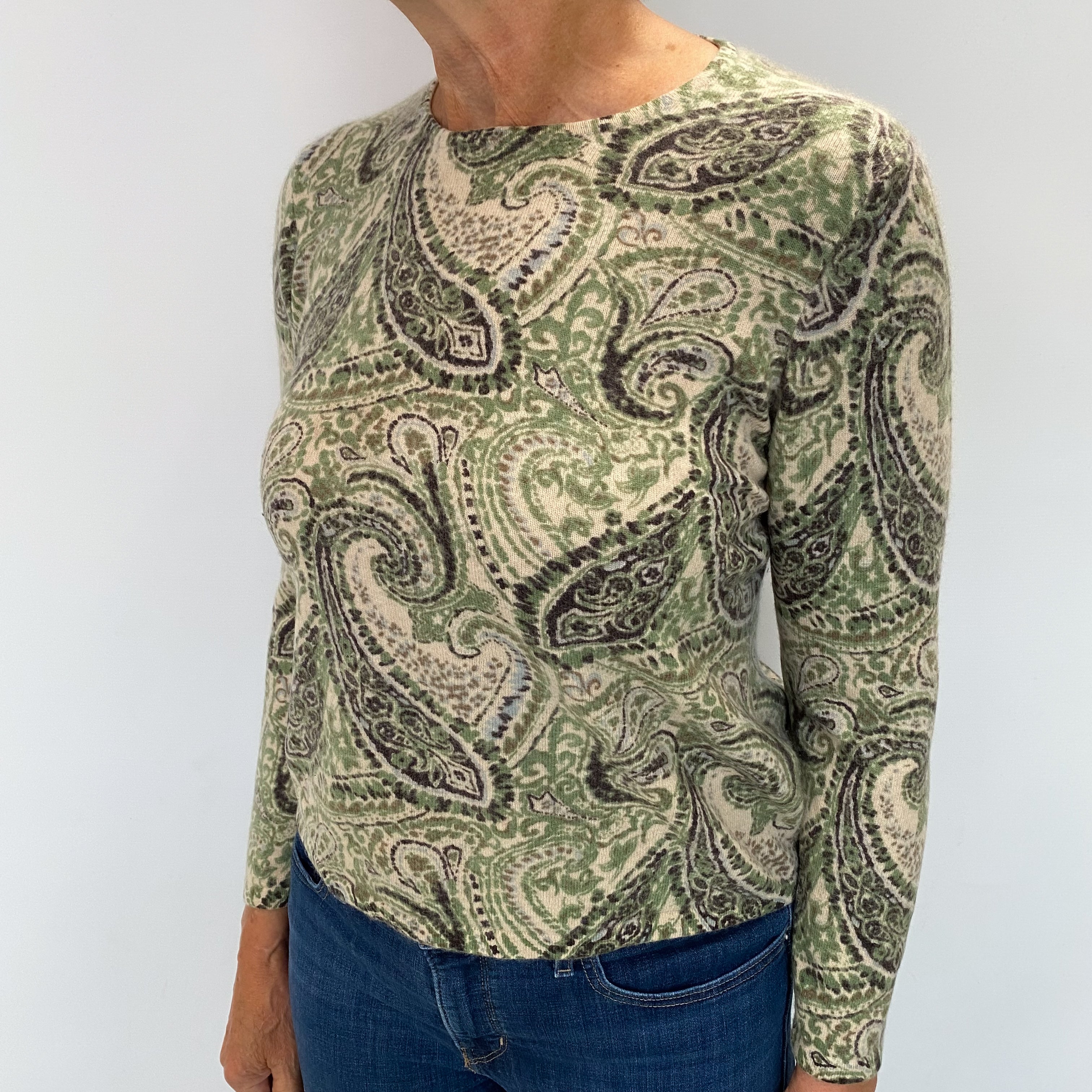Sage Green Paisley Patterned Cashmere Crew Neck Jumper Medium