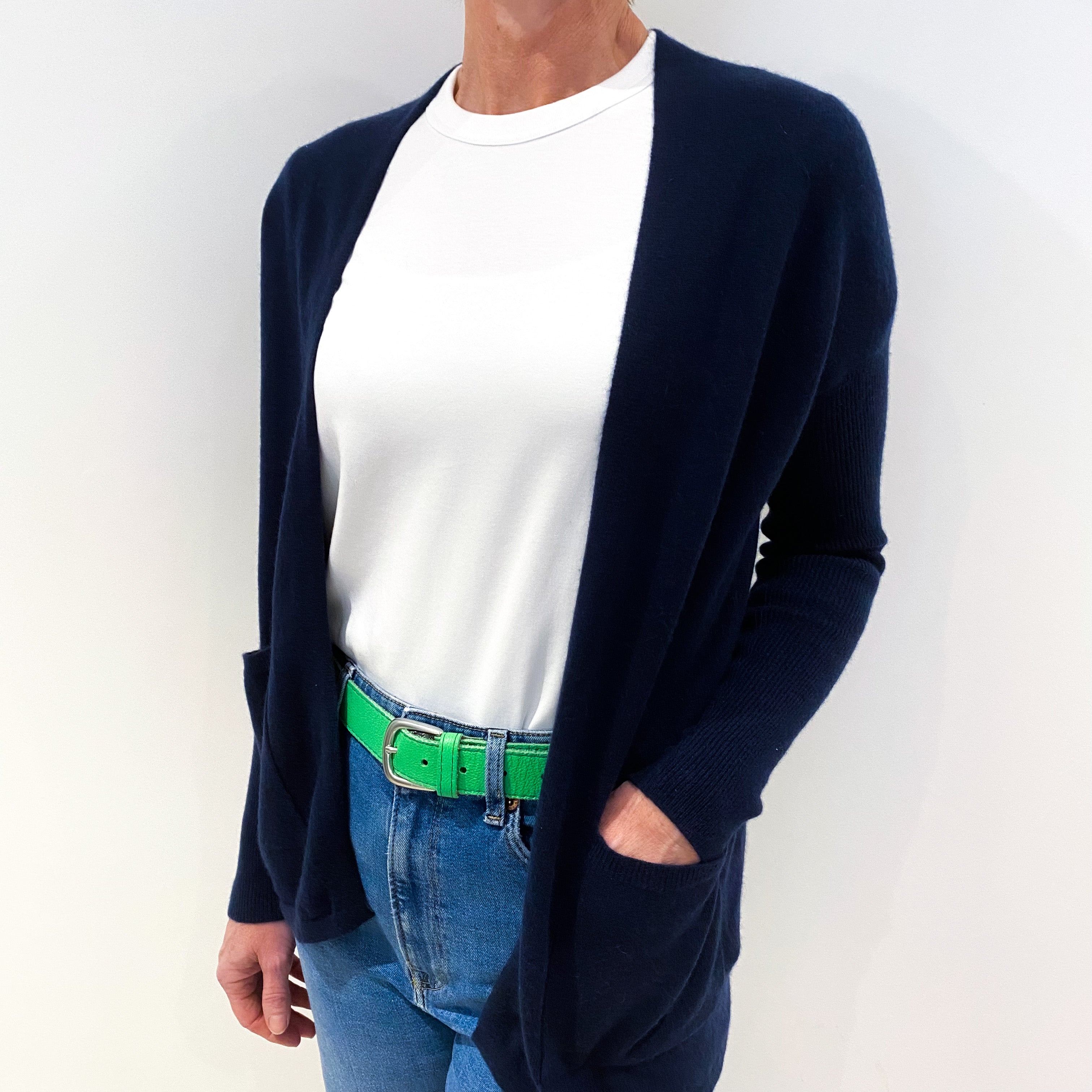 Navy Blue Cashmere Edge to Edge Cardigan with Pockets Small
