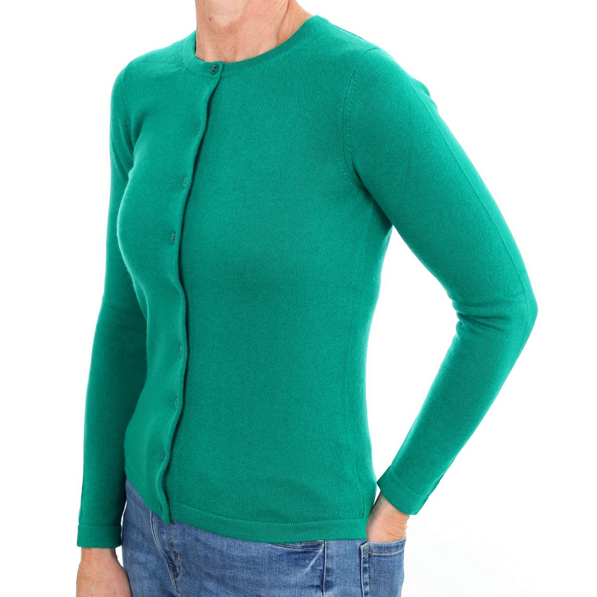 New Jade Green Cashmere Crew Neck Cardigan Small