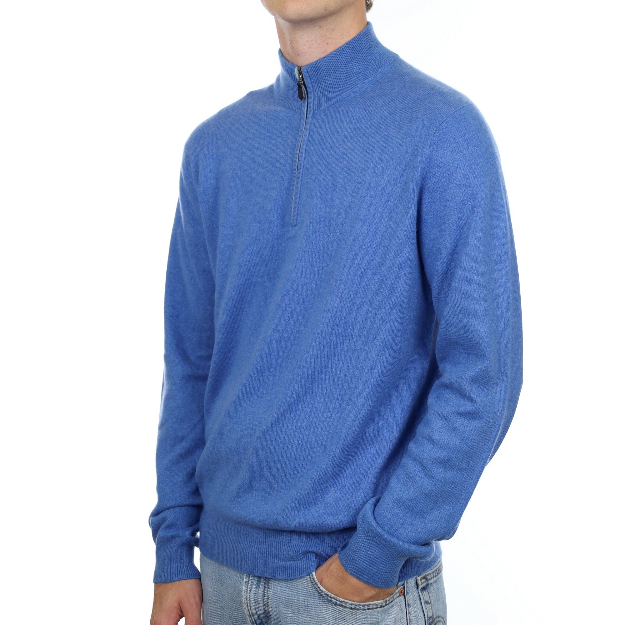 Men's Denim Blue Cashmere 1/4 Zip Neck Jumper Large